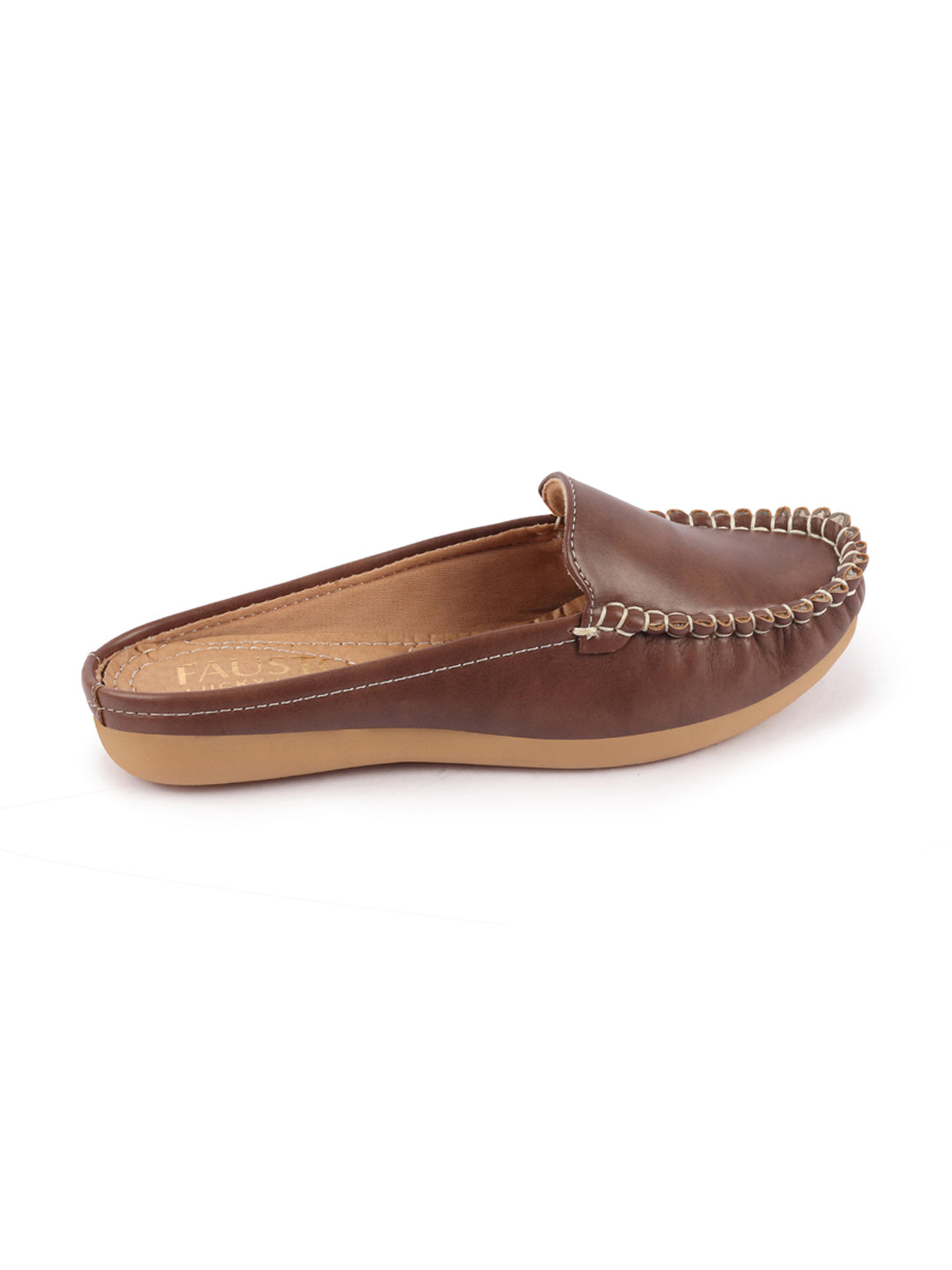 Brown Side Stitched Back Open Slip On Mules Shoes - Women.