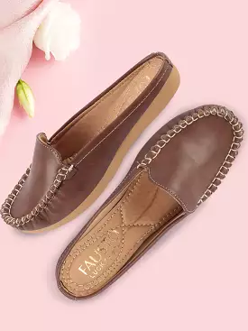 Brown Side Stitched Back Open Slip On Mules Shoes - Women.