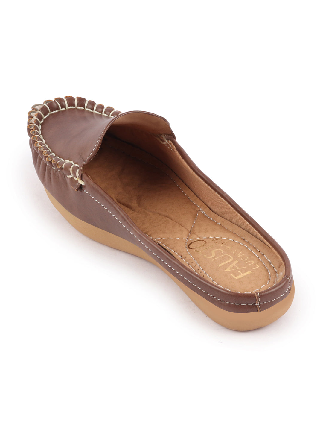 Brown Side Stitched Back Open Slip On Mules Shoes - Women.