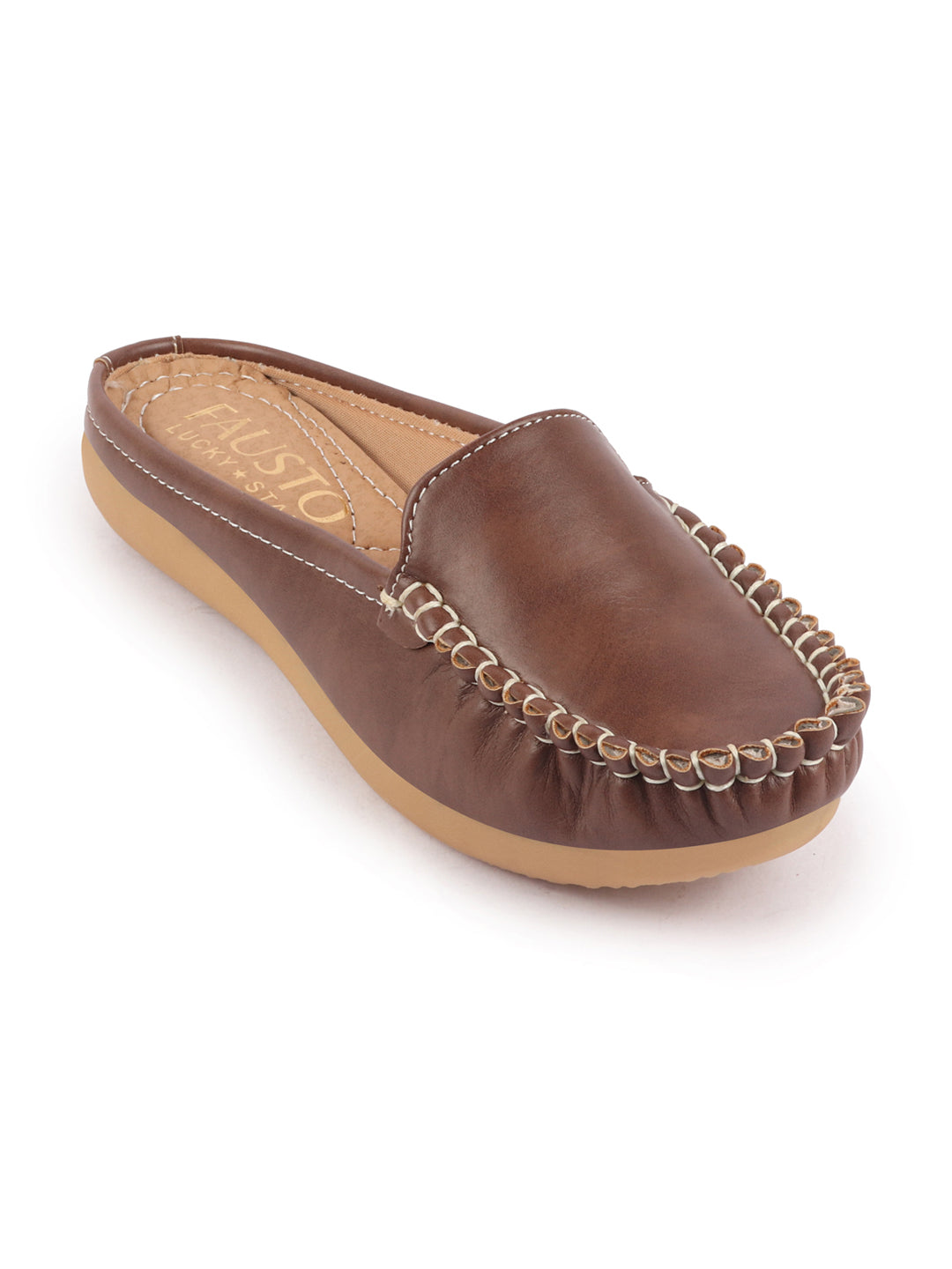 Brown Side Stitched Back Open Slip On Mules Shoes - Women.