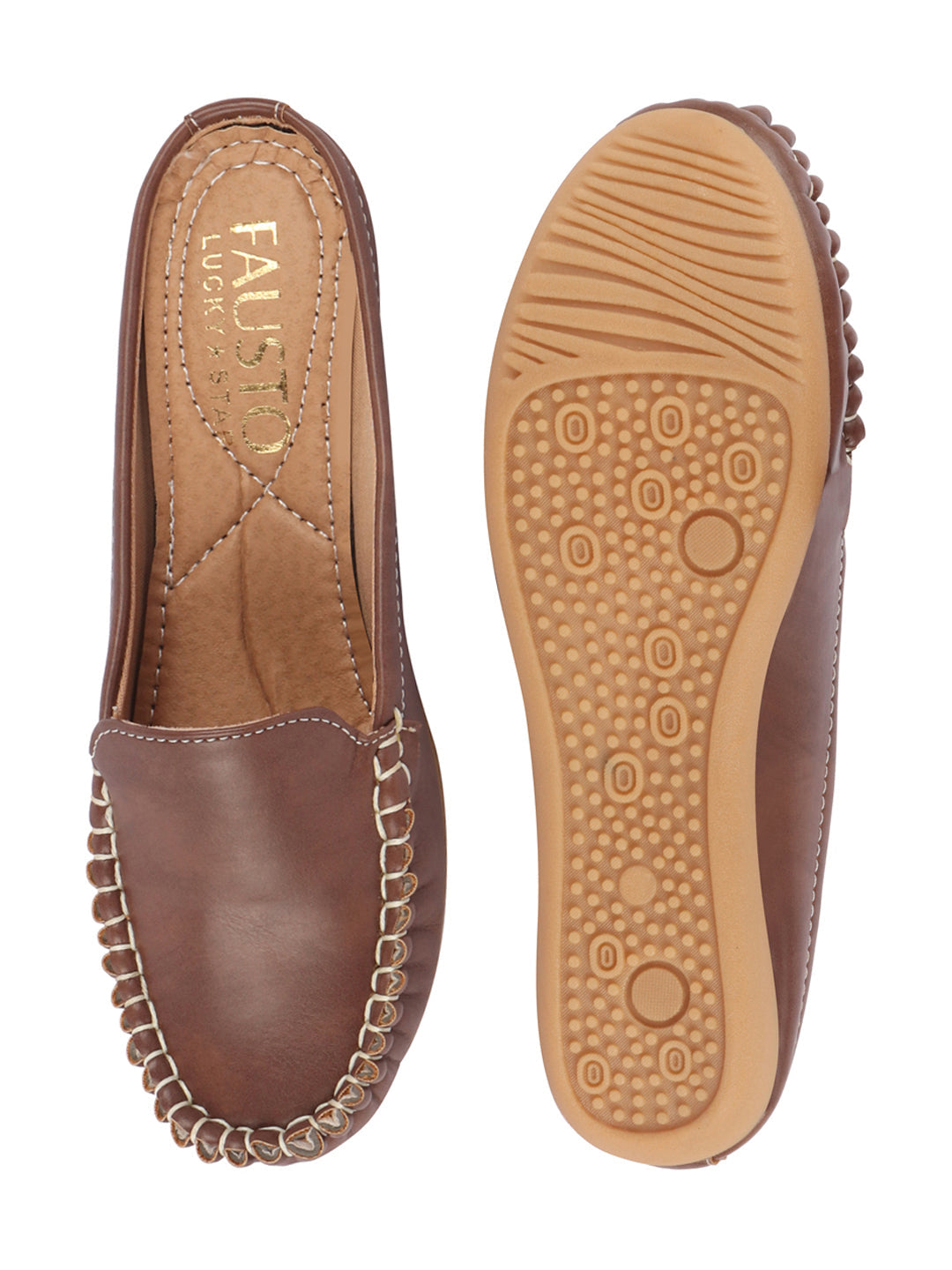 Brown Side Stitched Back Open Slip On Mules Shoes - Women.