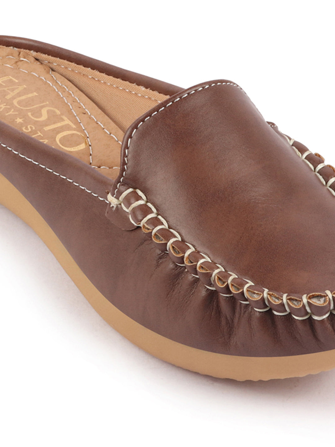 Brown Side Stitched Back Open Slip On Mules Shoes - Women.