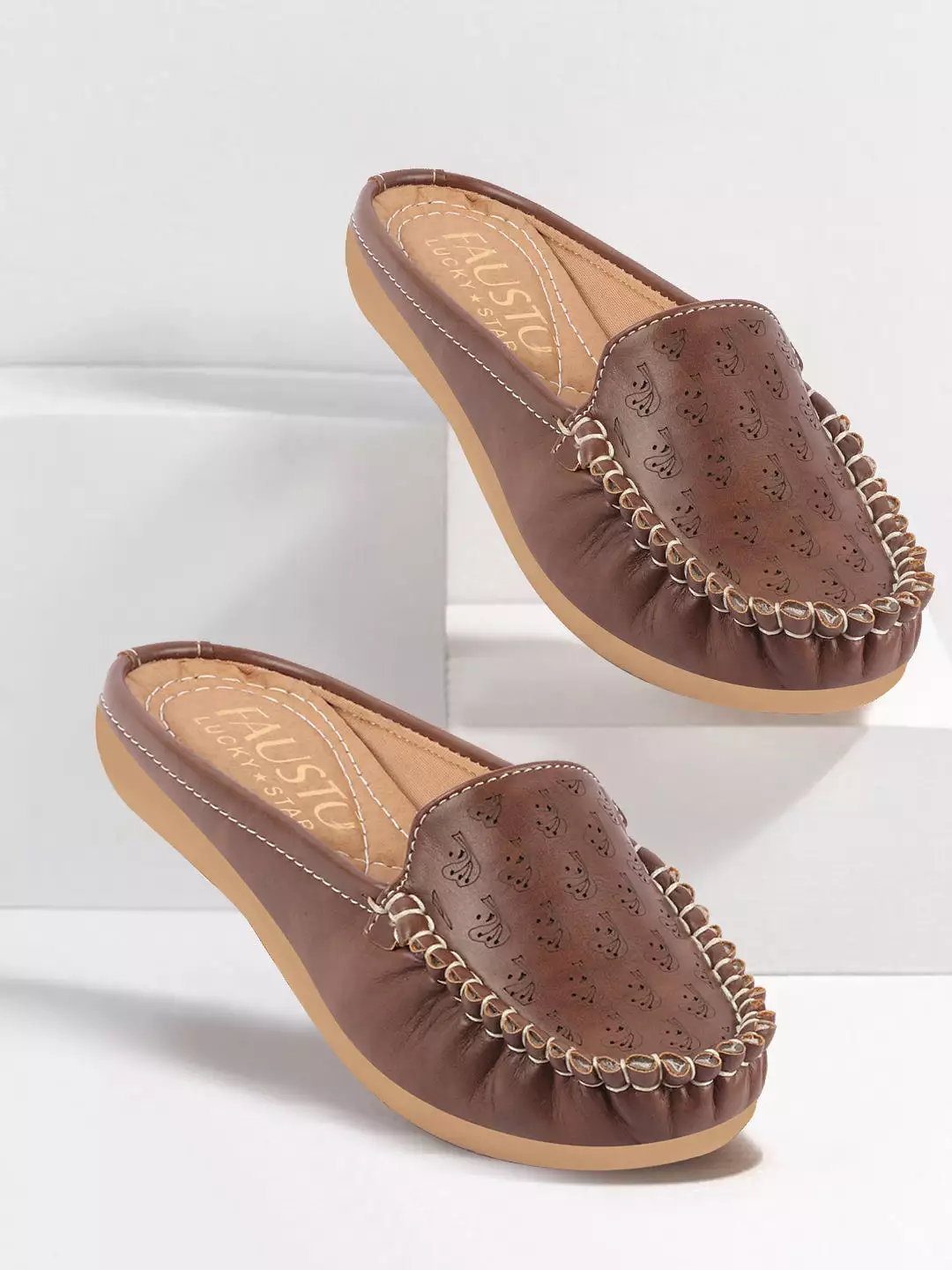 Brown Side Stitched Printed Back Open Slip On Mules Shoes for Women