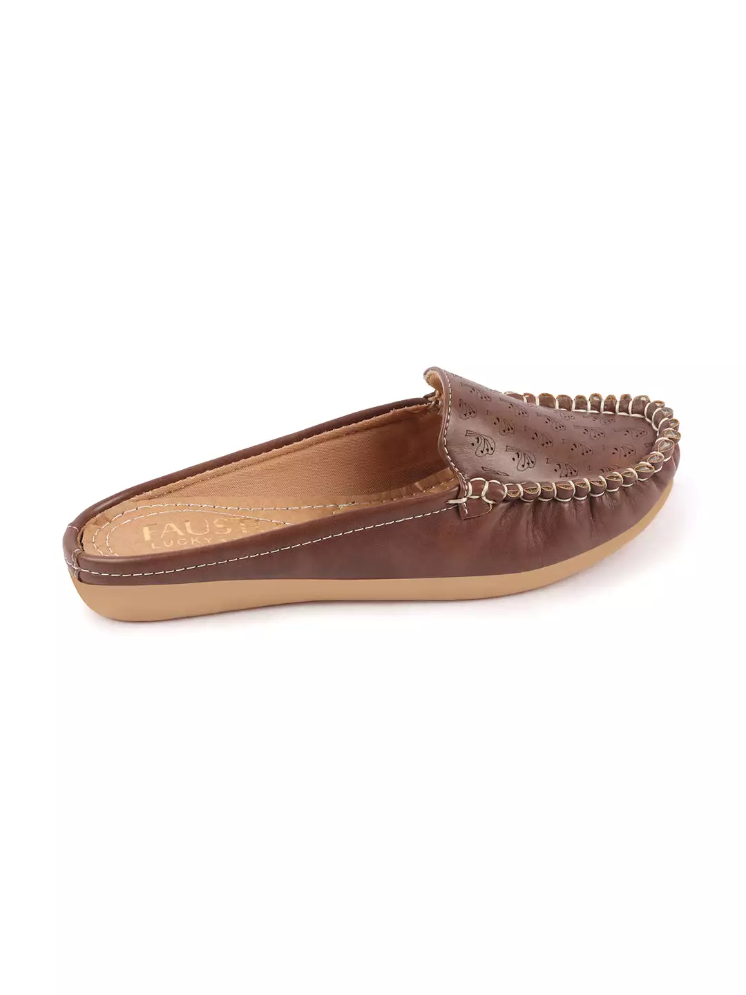 Brown Side Stitched Printed Back Open Slip On Mules Shoes for Women