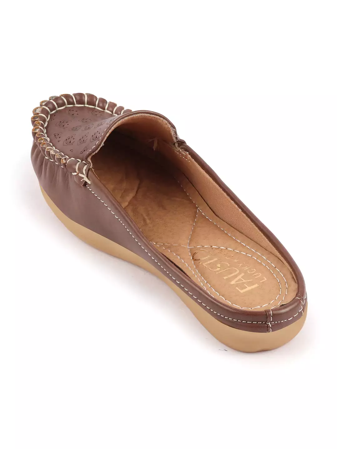 Brown Side Stitched Printed Back Open Slip On Mules Shoes for Women