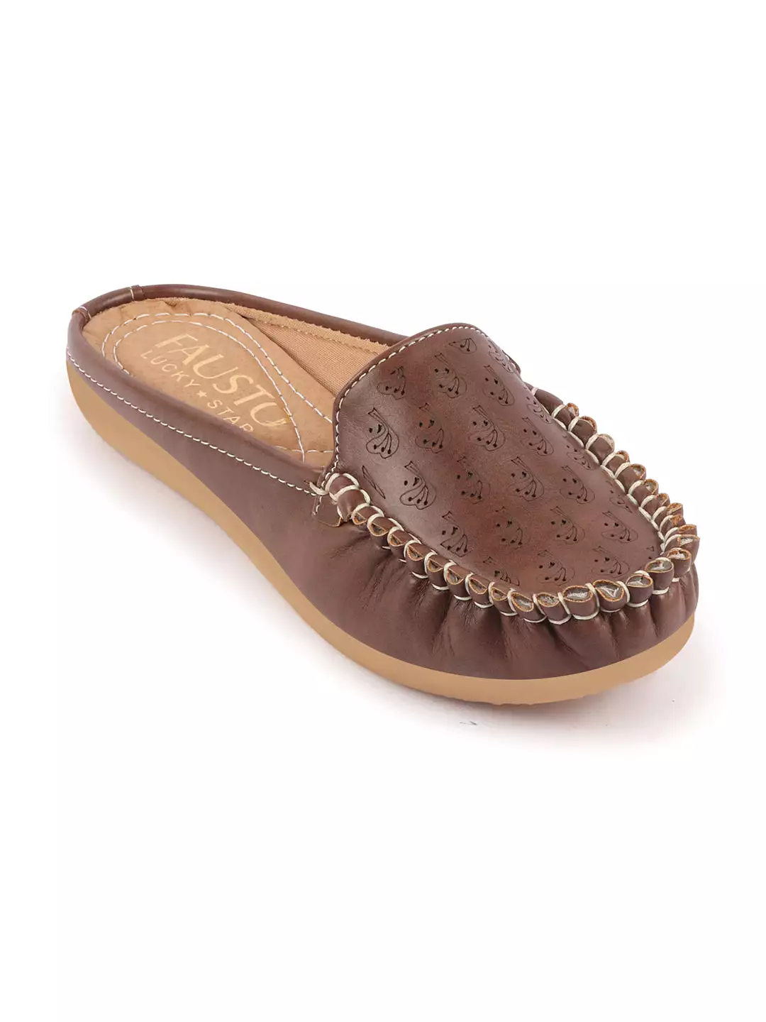 Brown Side Stitched Printed Back Open Slip On Mules Shoes for Women