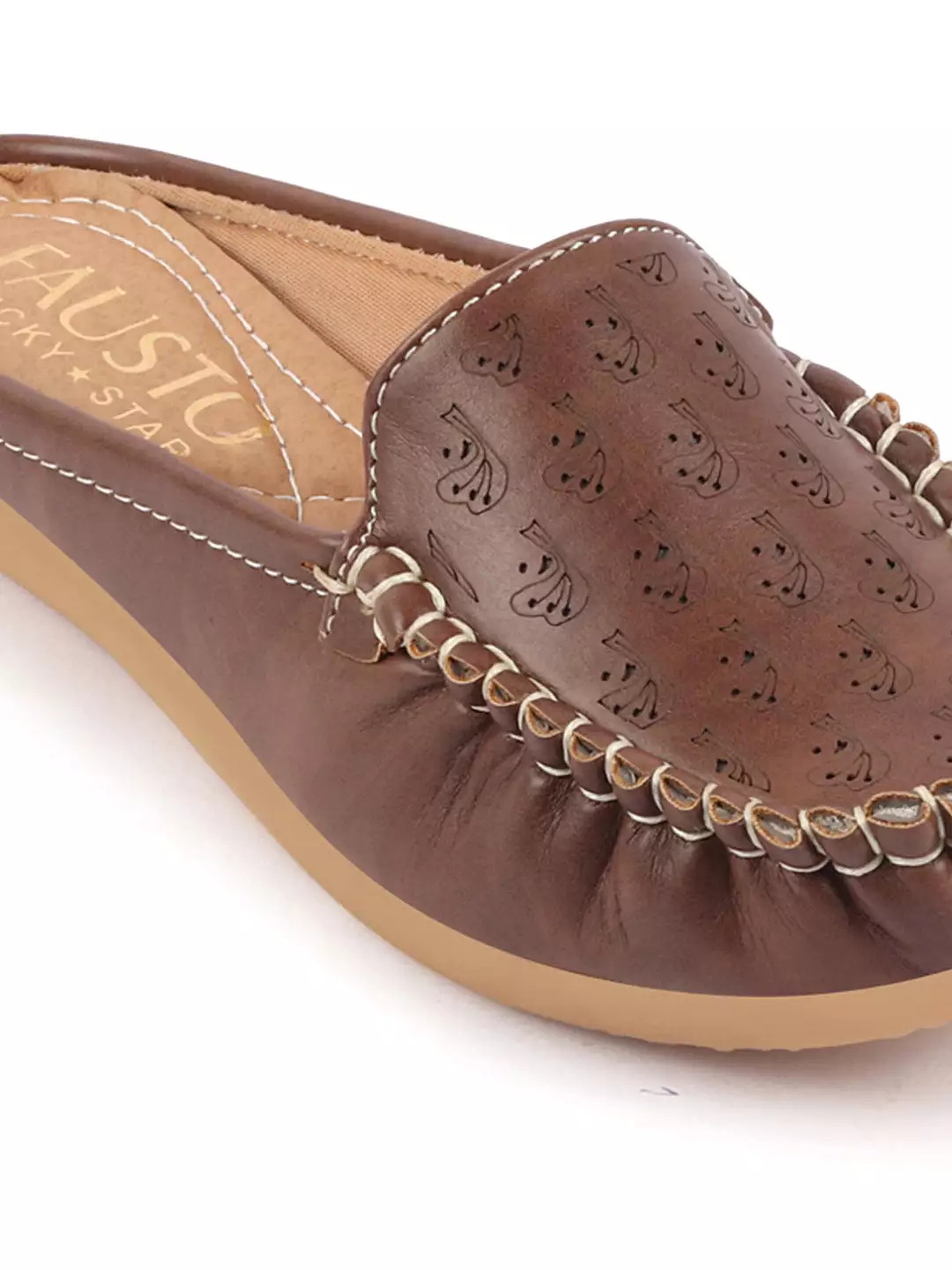 Brown Side Stitched Printed Back Open Slip On Mules Shoes for Women