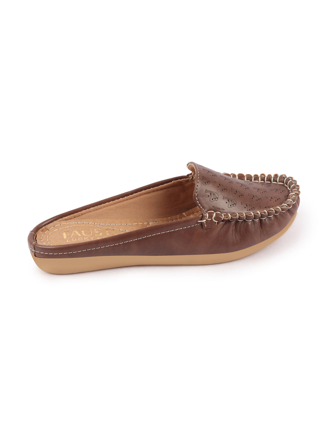 Brown Side Stitched Printed Back Open Slip On Mules Shoes - Women