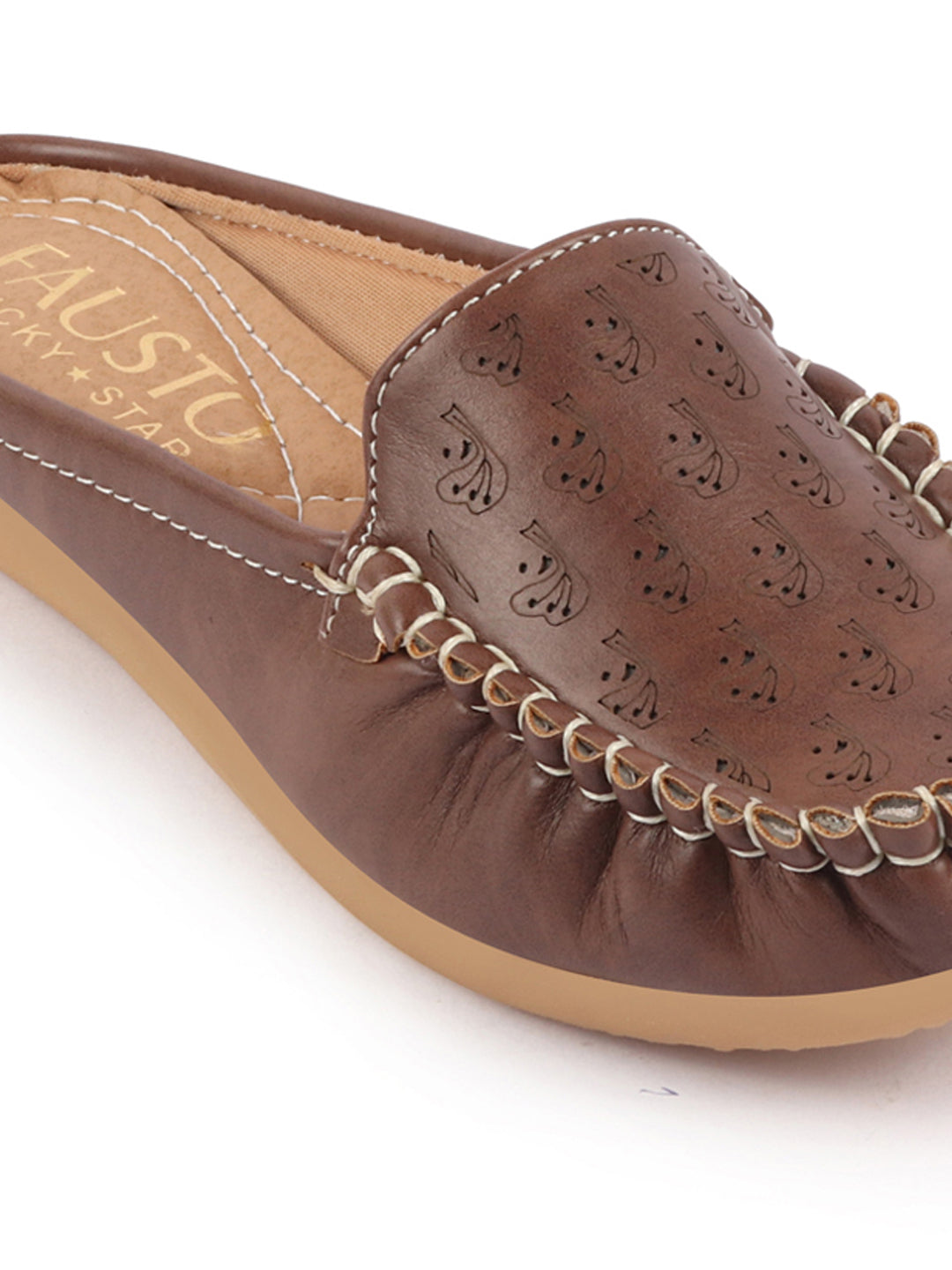 Brown Side Stitched Printed Back Open Slip On Mules Shoes - Women