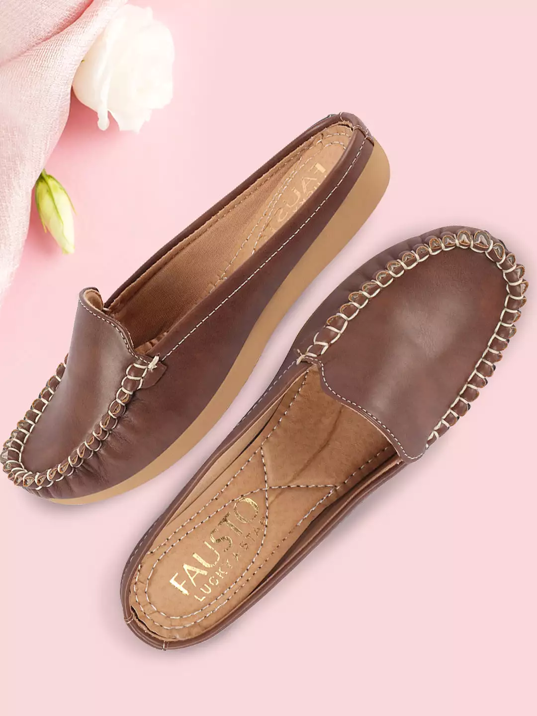 Brown Slip On Mules Shoes for Women with Open Back and Side Stitching