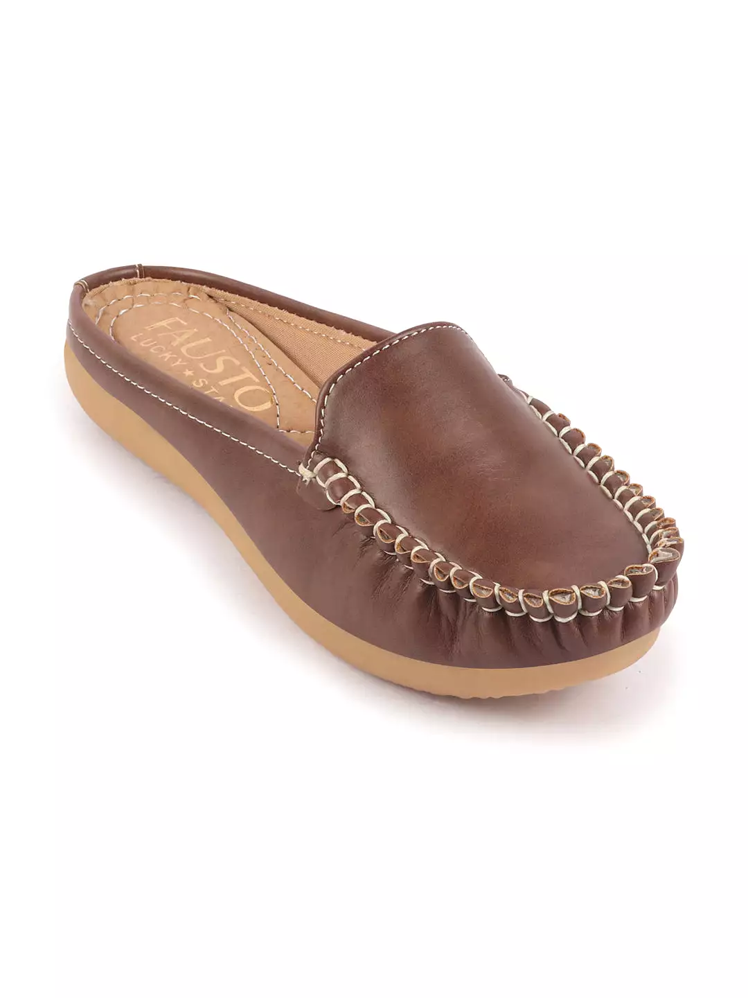 Brown Slip On Mules Shoes for Women with Open Back and Side Stitching