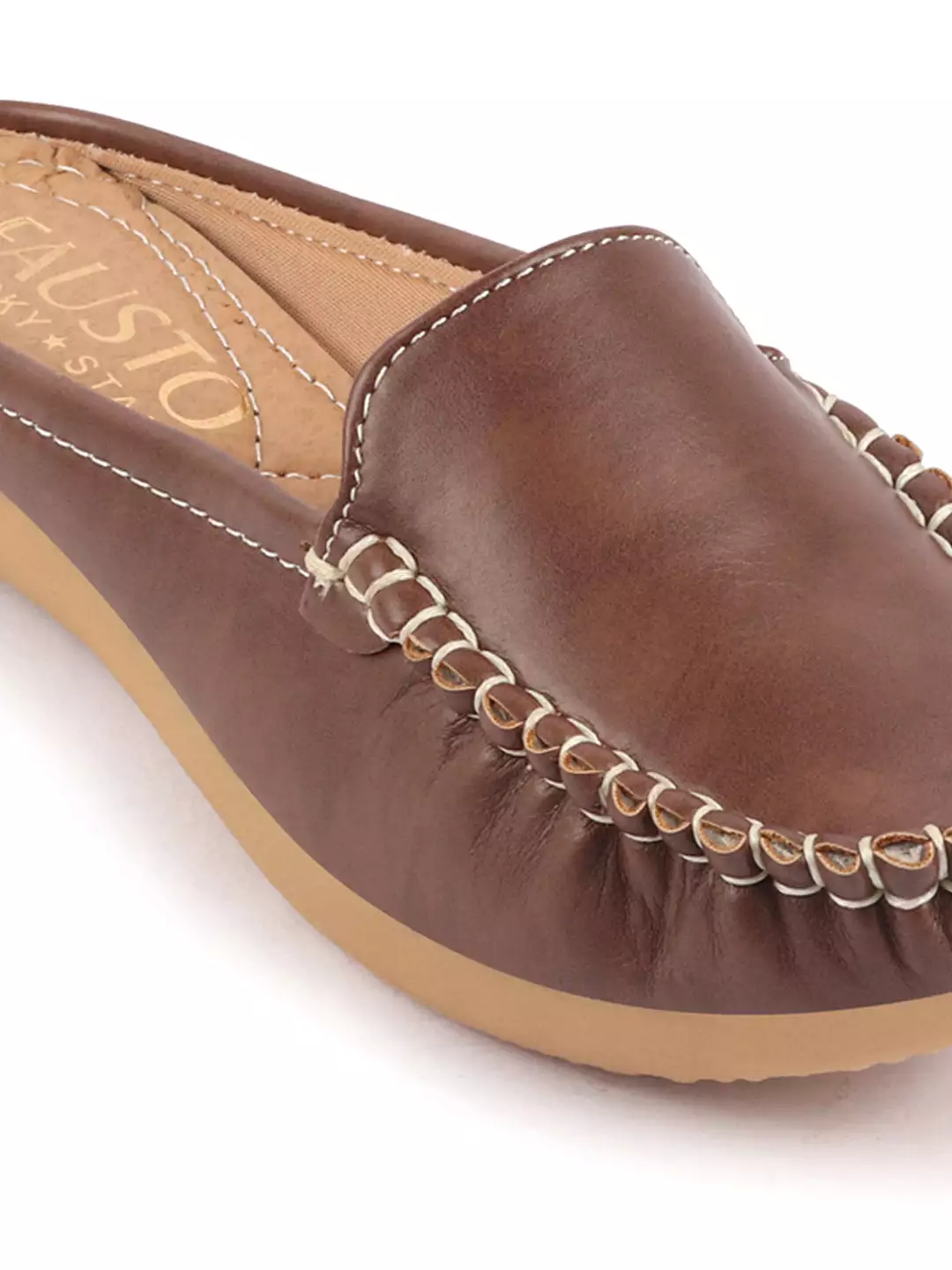 Brown Slip On Mules Shoes for Women with Open Back and Side Stitching