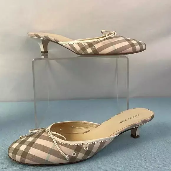 Burberry Low Heel Mules Shoes - Tan Plaid