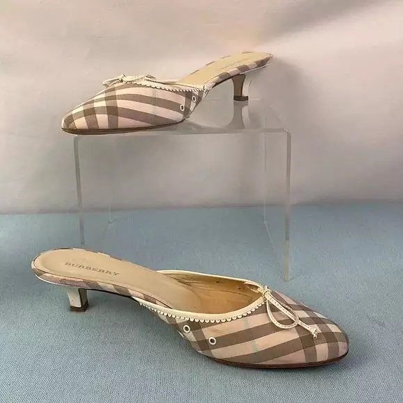 Burberry Low Heel Mules Shoes - Tan Plaid