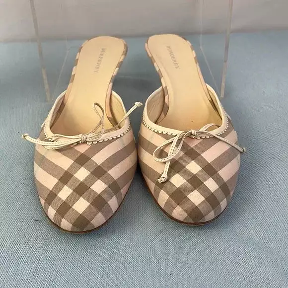 Burberry Low Heel Mules Shoes - Tan Plaid