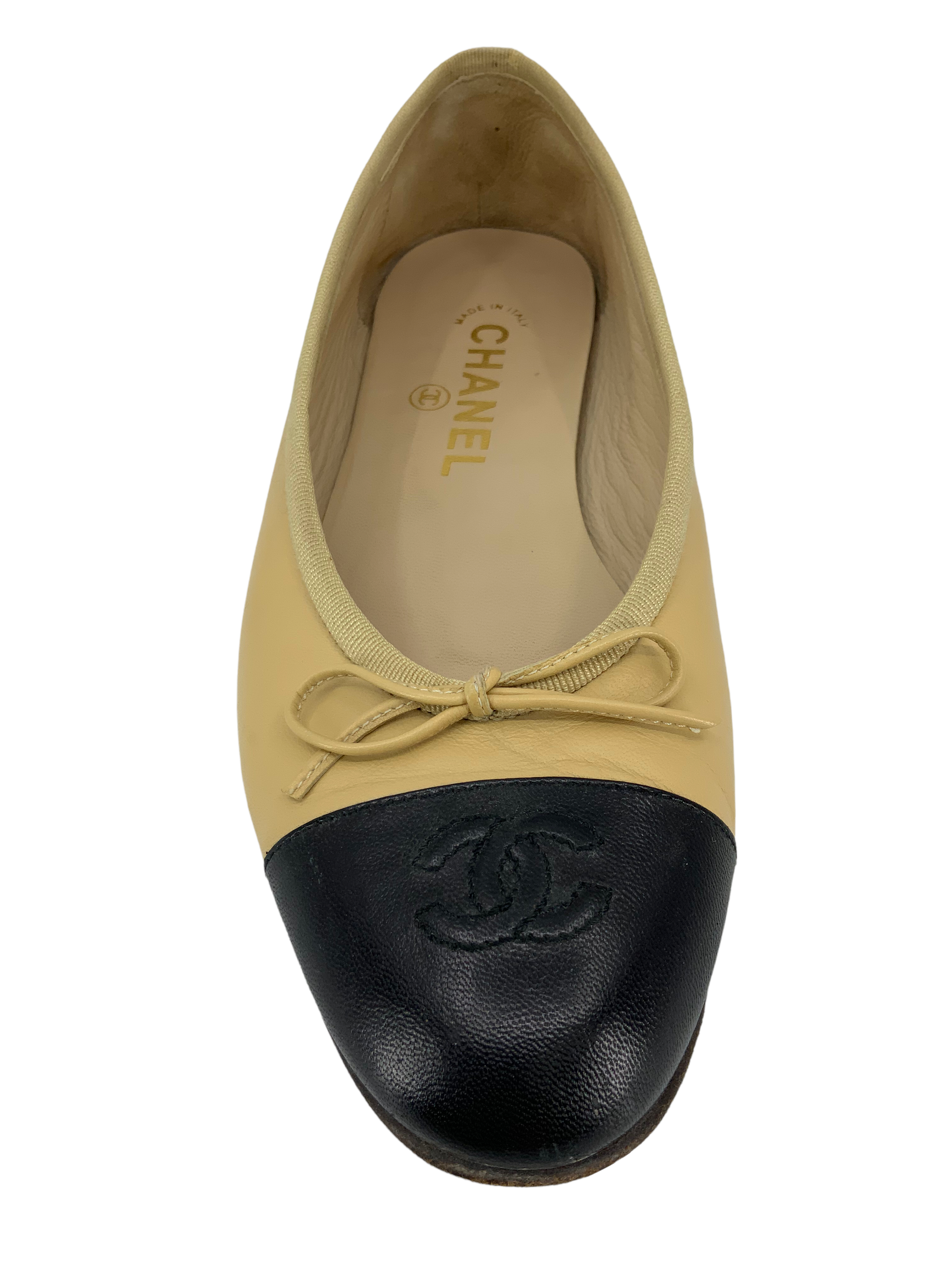 Chanel Ballet Flats with CC Cap Toe in Lambskin Leather - Size 8.5.