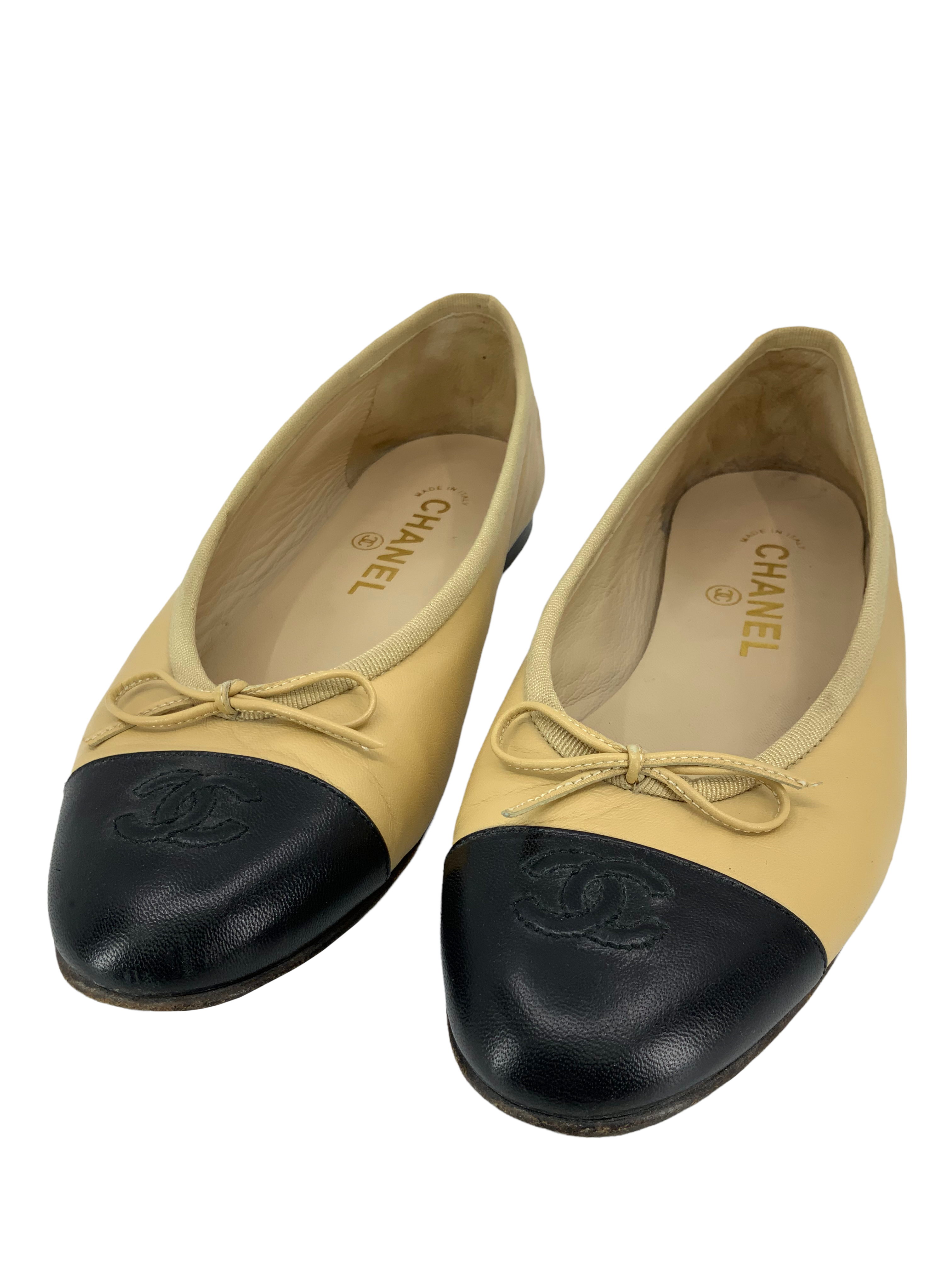 Chanel Ballet Flats with CC Cap Toe in Lambskin Leather - Size 8.5.