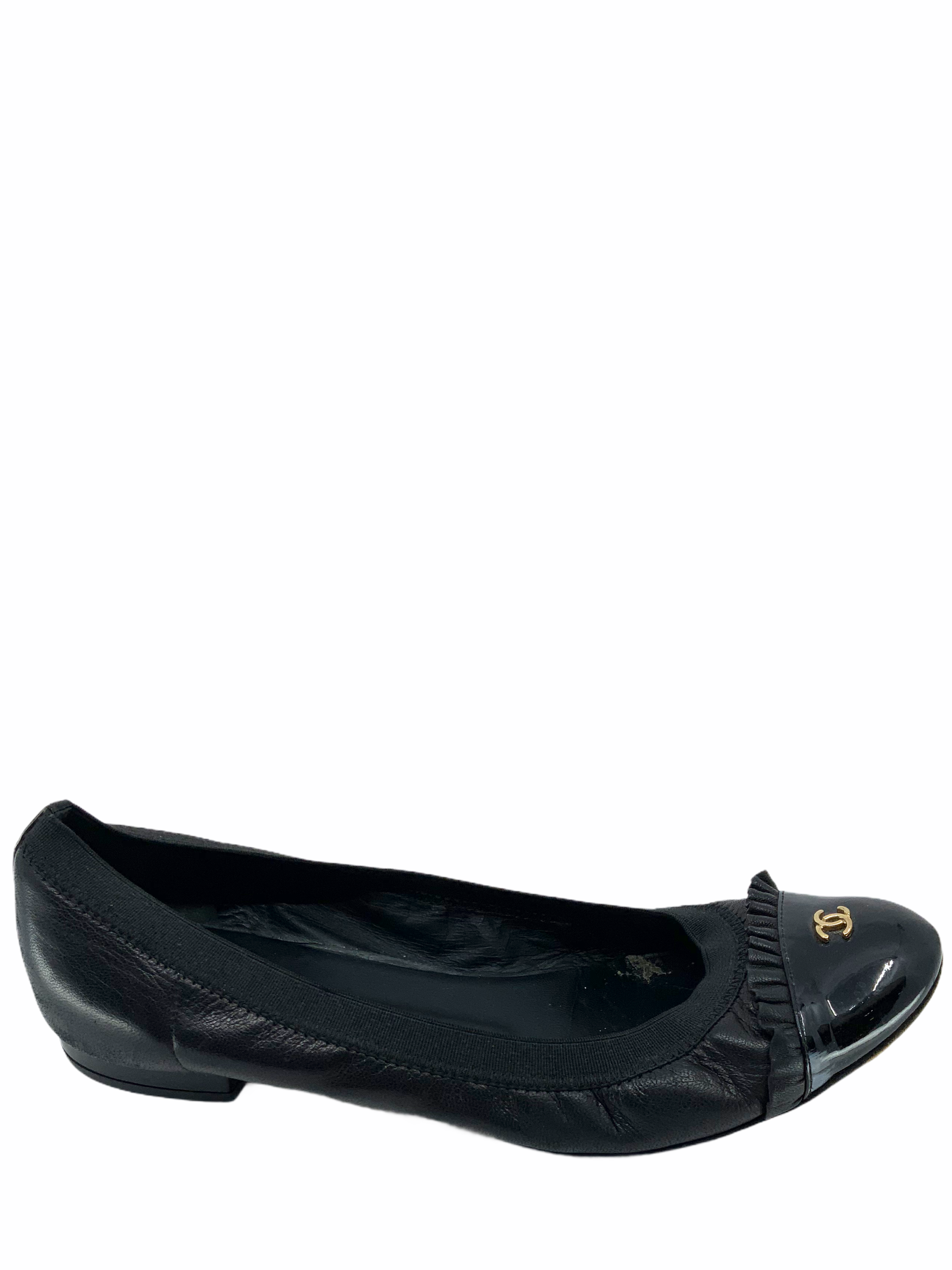 Chanel Cap-Toe Spirit Flats, Size 7, Leather and Patent Elastic