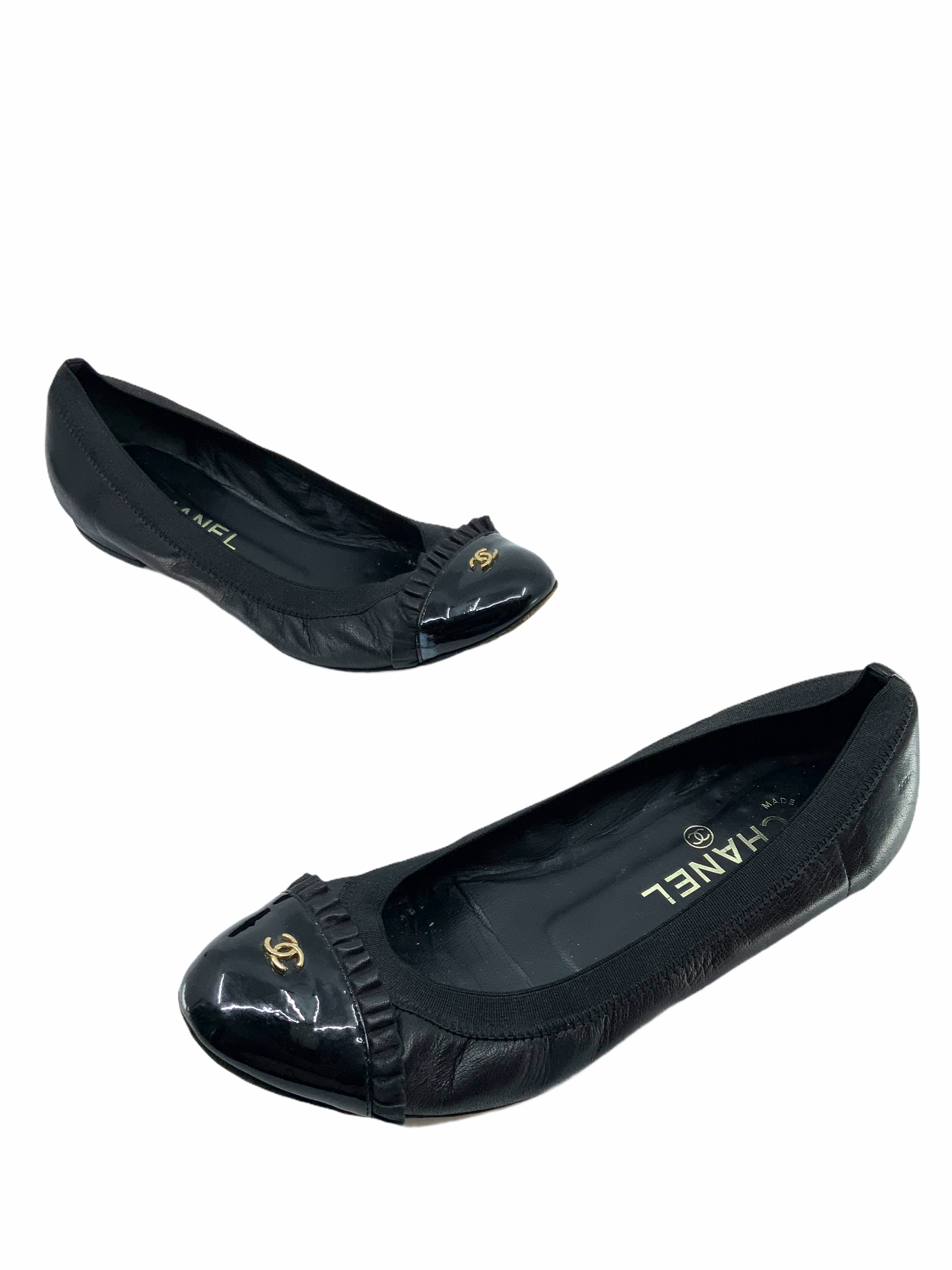 Chanel Cap-Toe Spirit Flats, Size 7, Leather and Patent Elastic