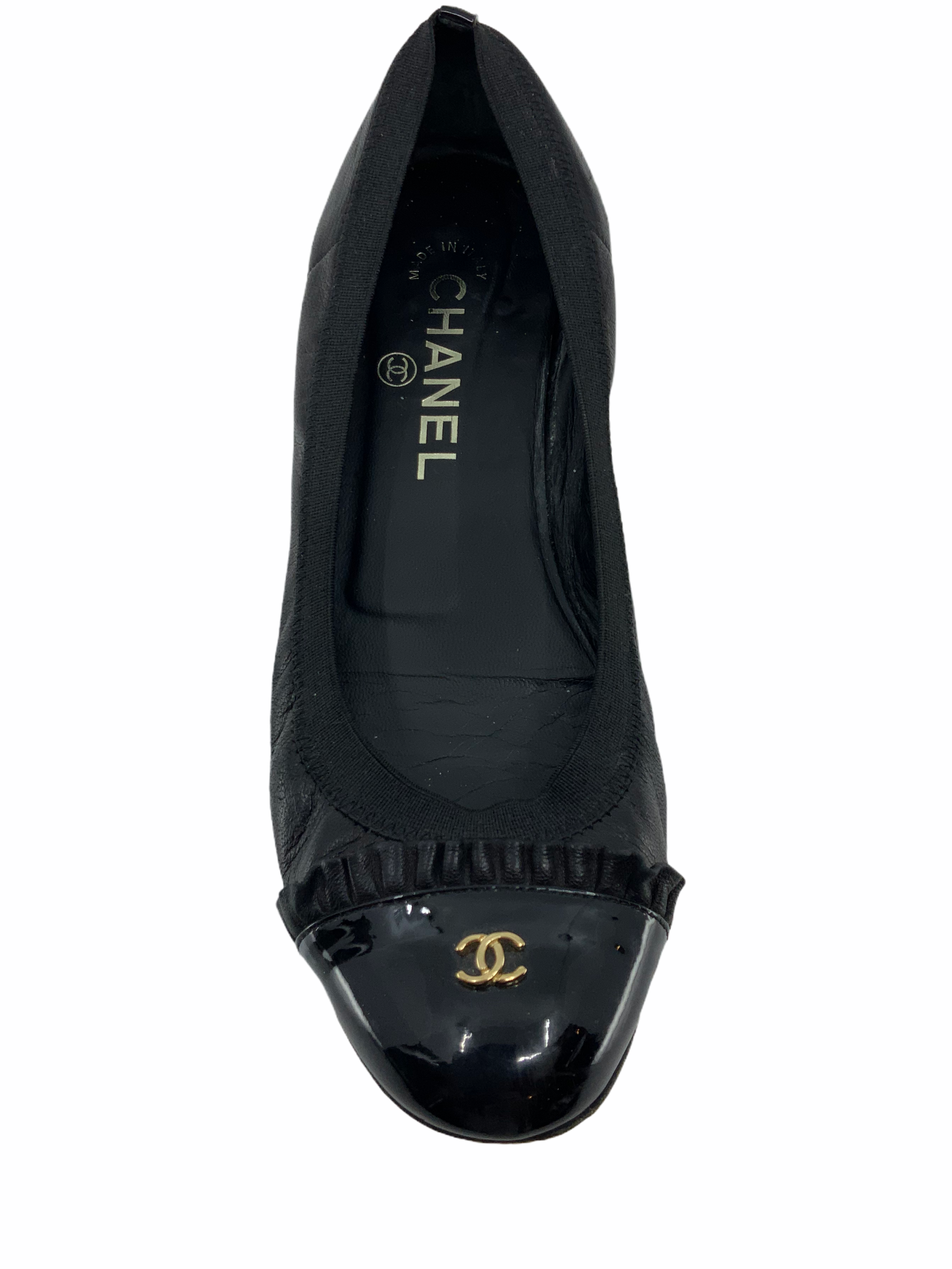 Chanel Cap-Toe Spirit Flats, Size 7, Leather and Patent Elastic