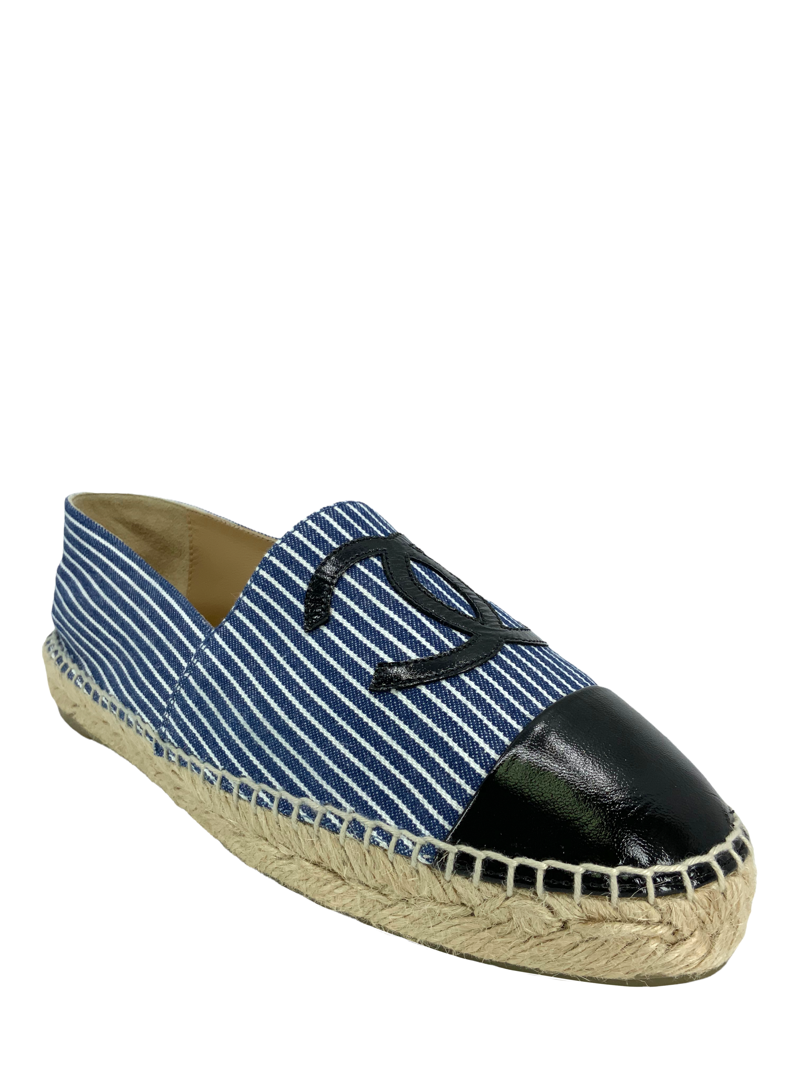 CHANEL Striped Patent Leather CC Espadrilles - Size 9