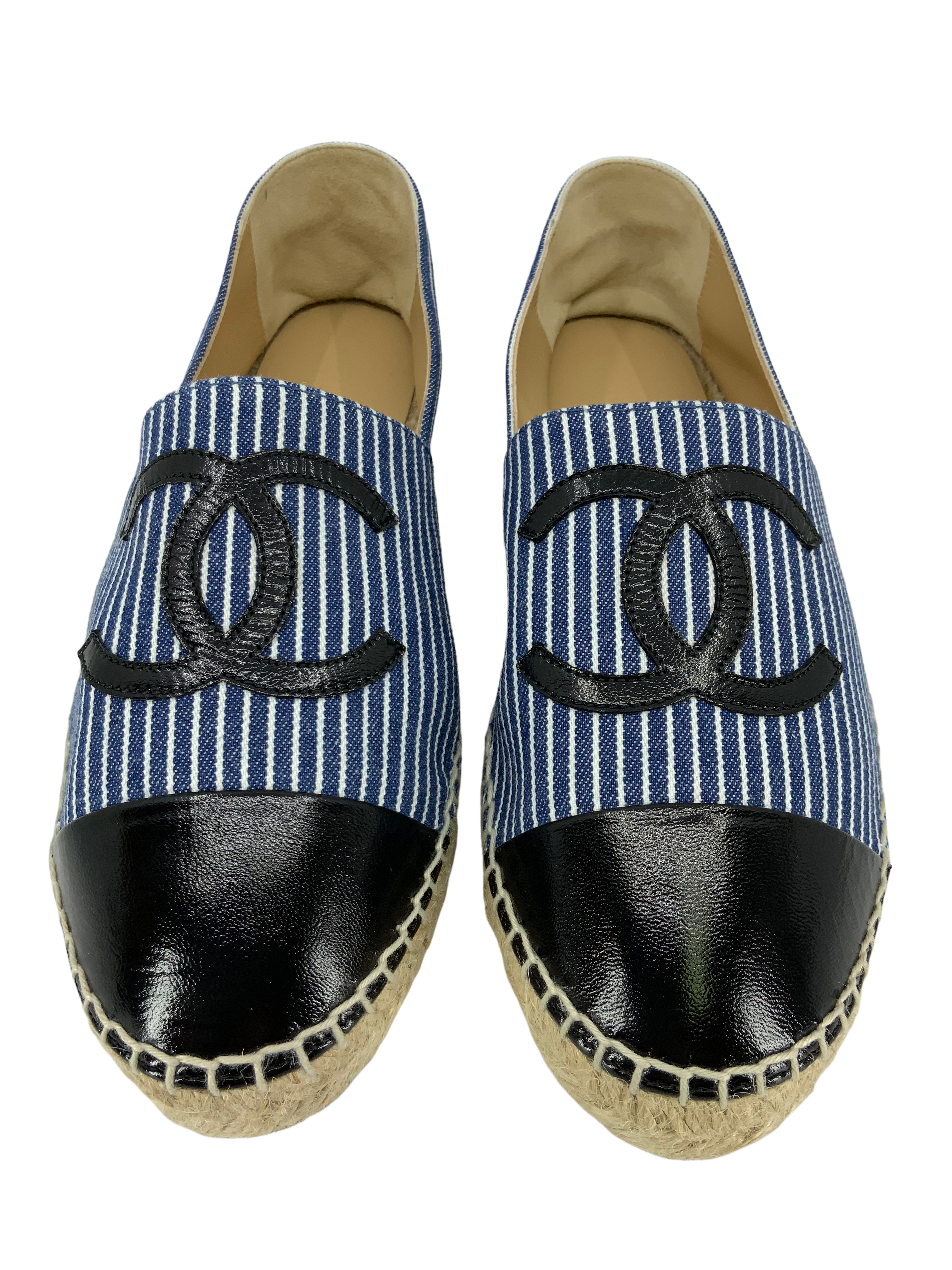 CHANEL Striped Patent Leather CC Espadrilles - Size 9