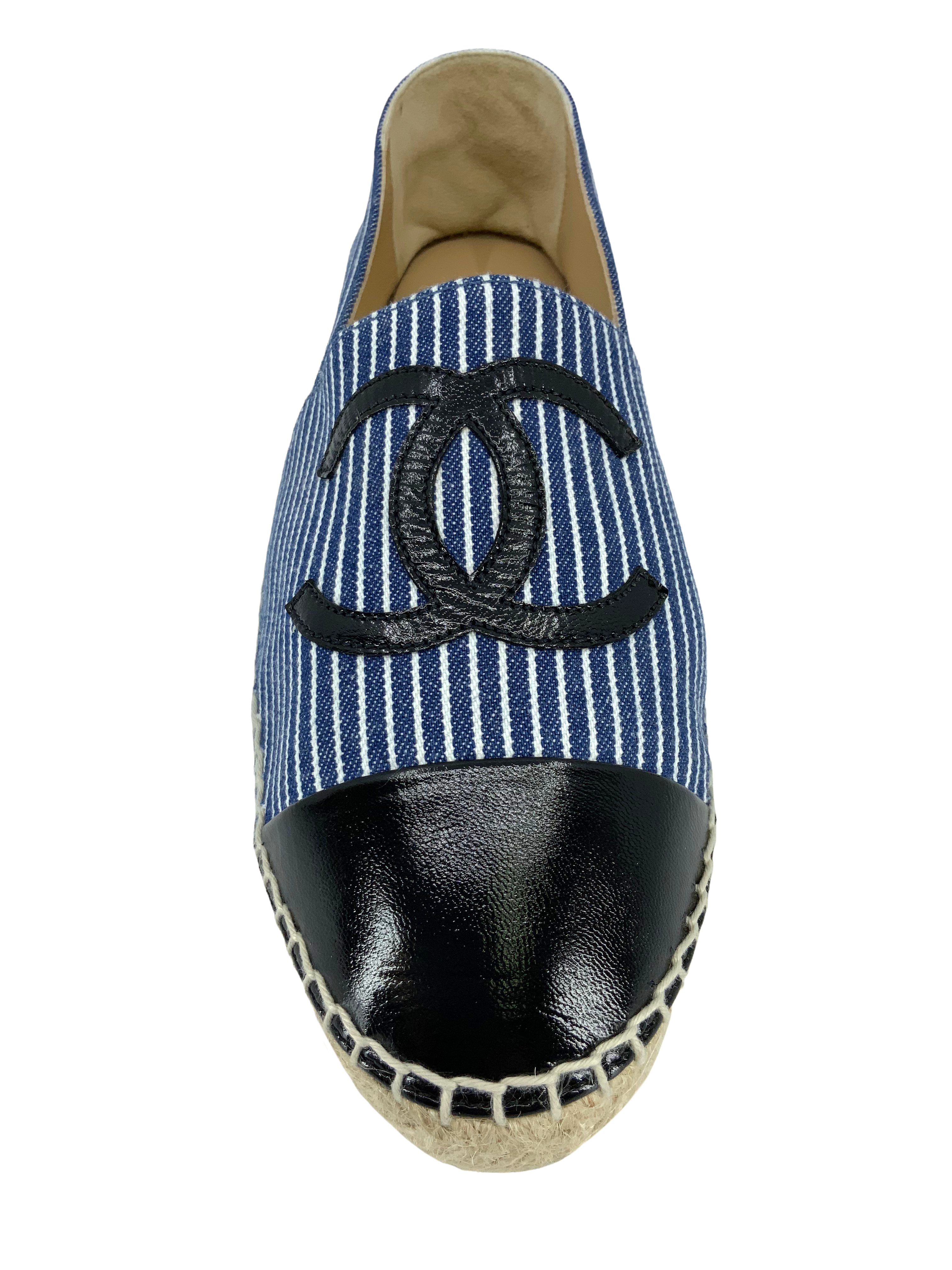 CHANEL Striped Patent Leather CC Espadrilles - Size 9