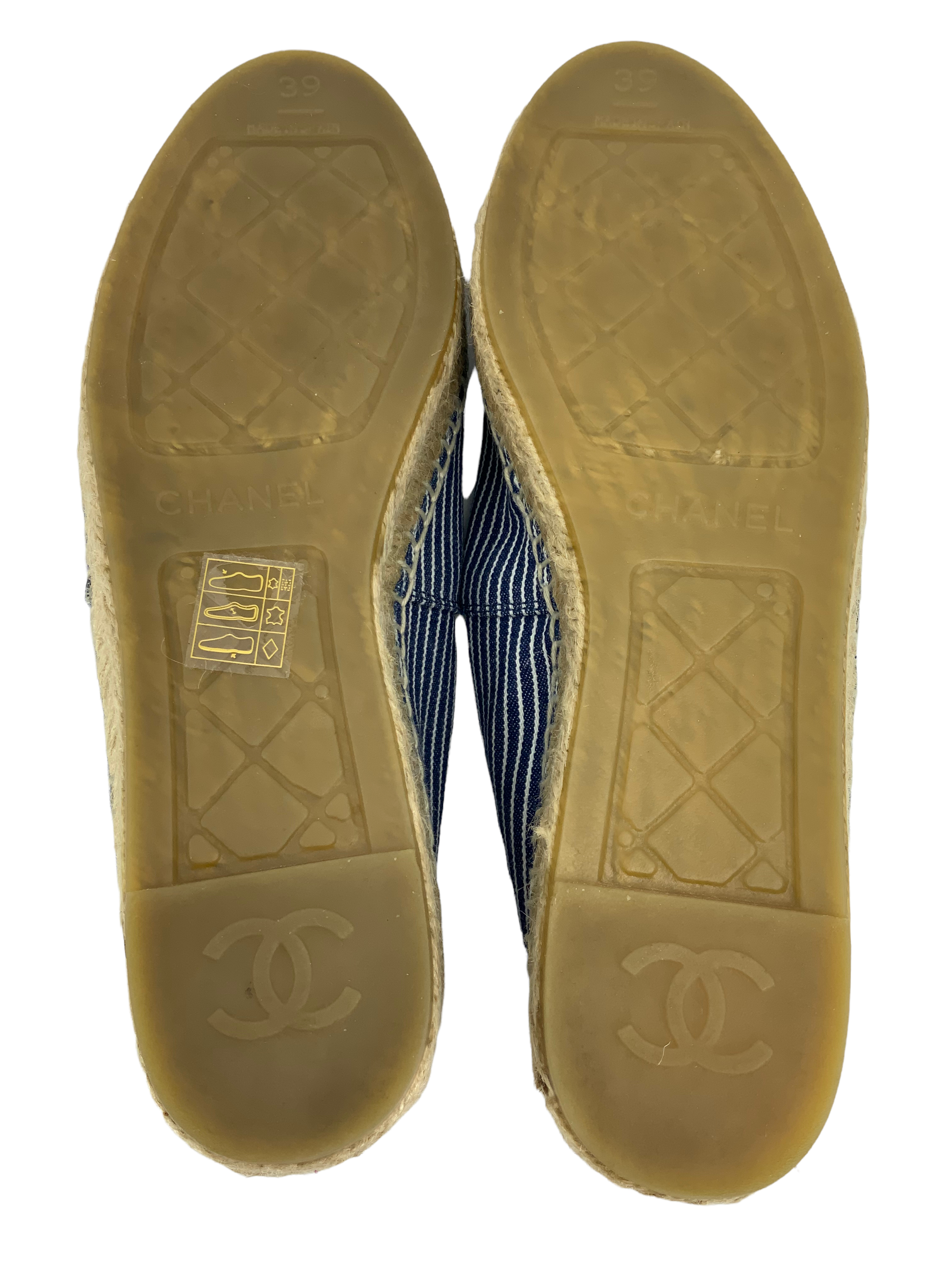 CHANEL Striped Patent Leather CC Espadrilles - Size 9