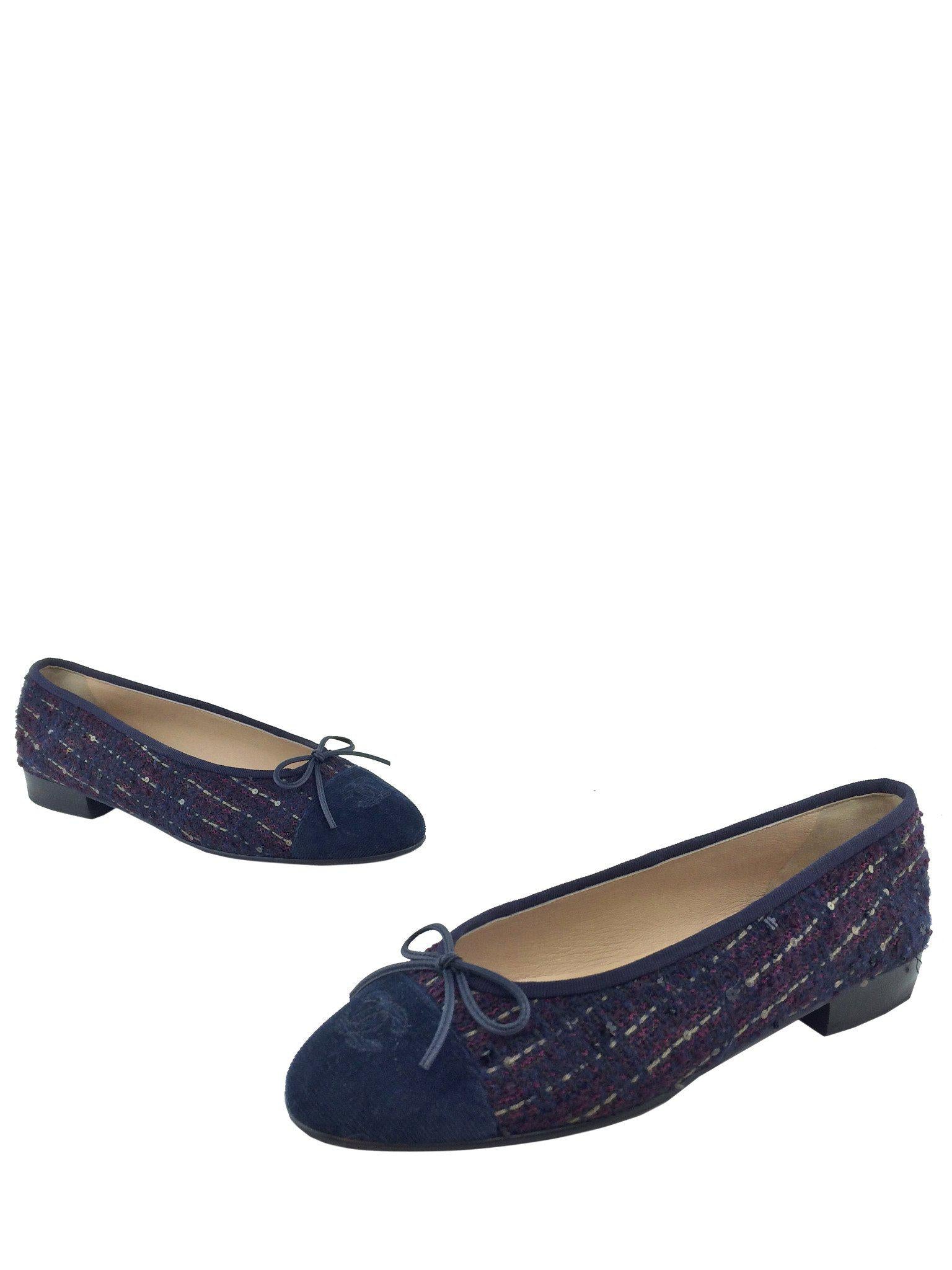 chanel tweed sequin cc cap toe ballerina flats - size 9