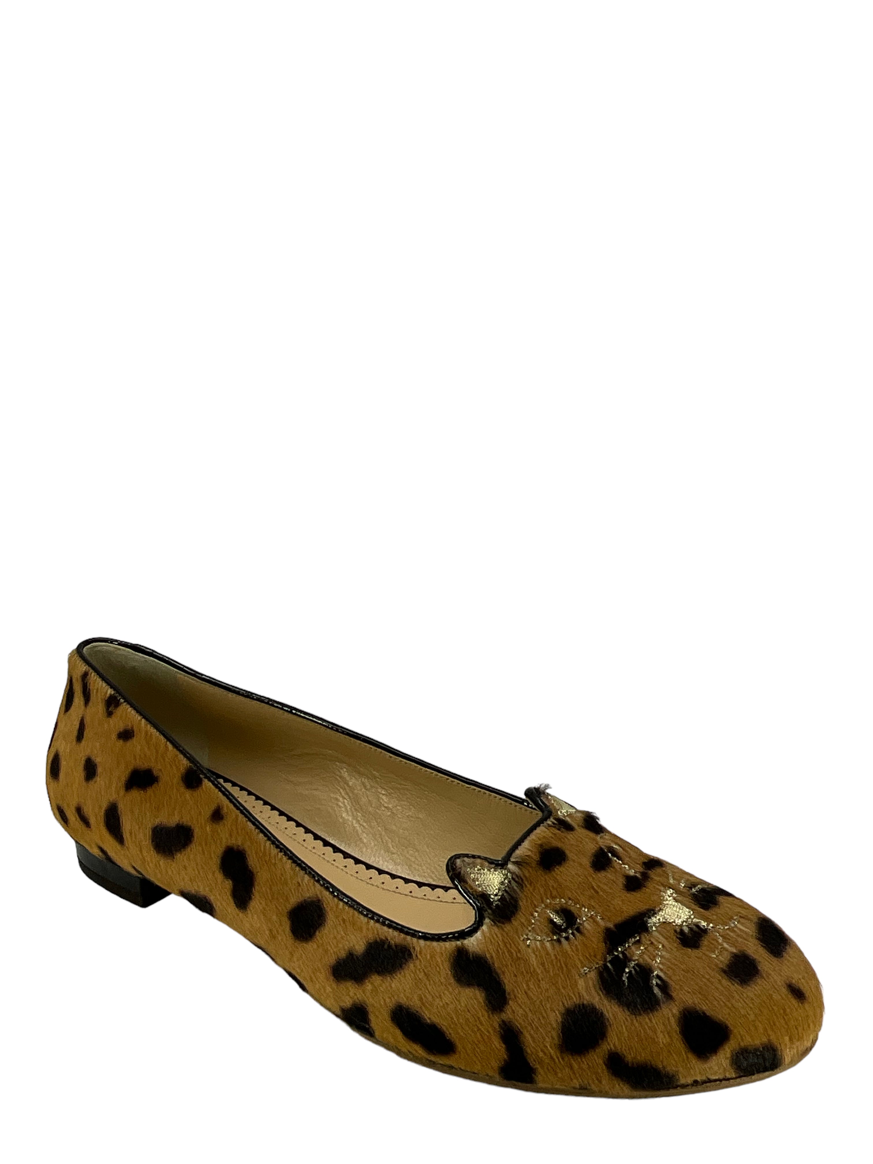 Charlotte Olympia Leopard Print Calf Hair Kitty Cat Flats - Size 11.