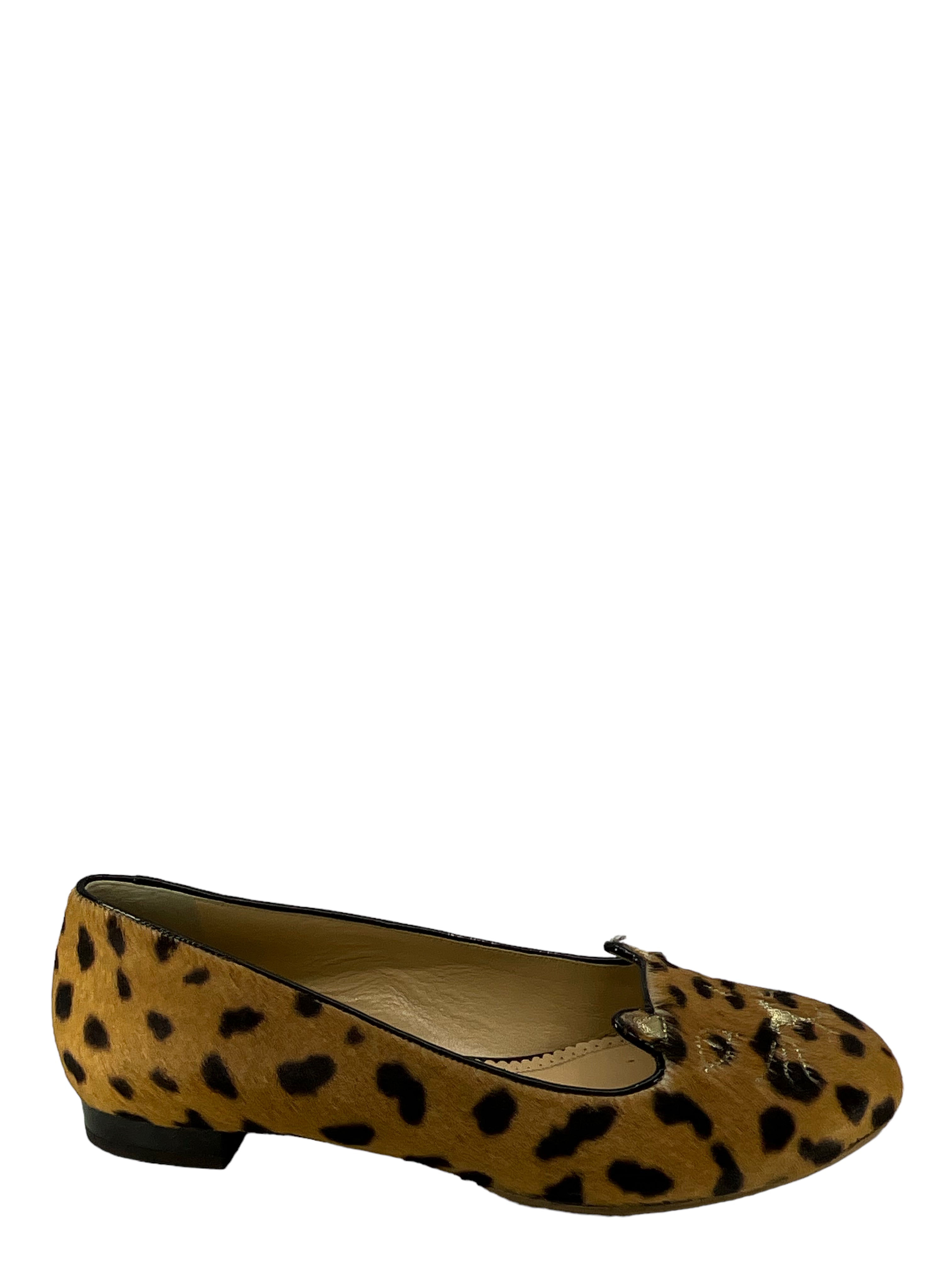 Charlotte Olympia Leopard Print Calf Hair Kitty Cat Flats - Size 11.