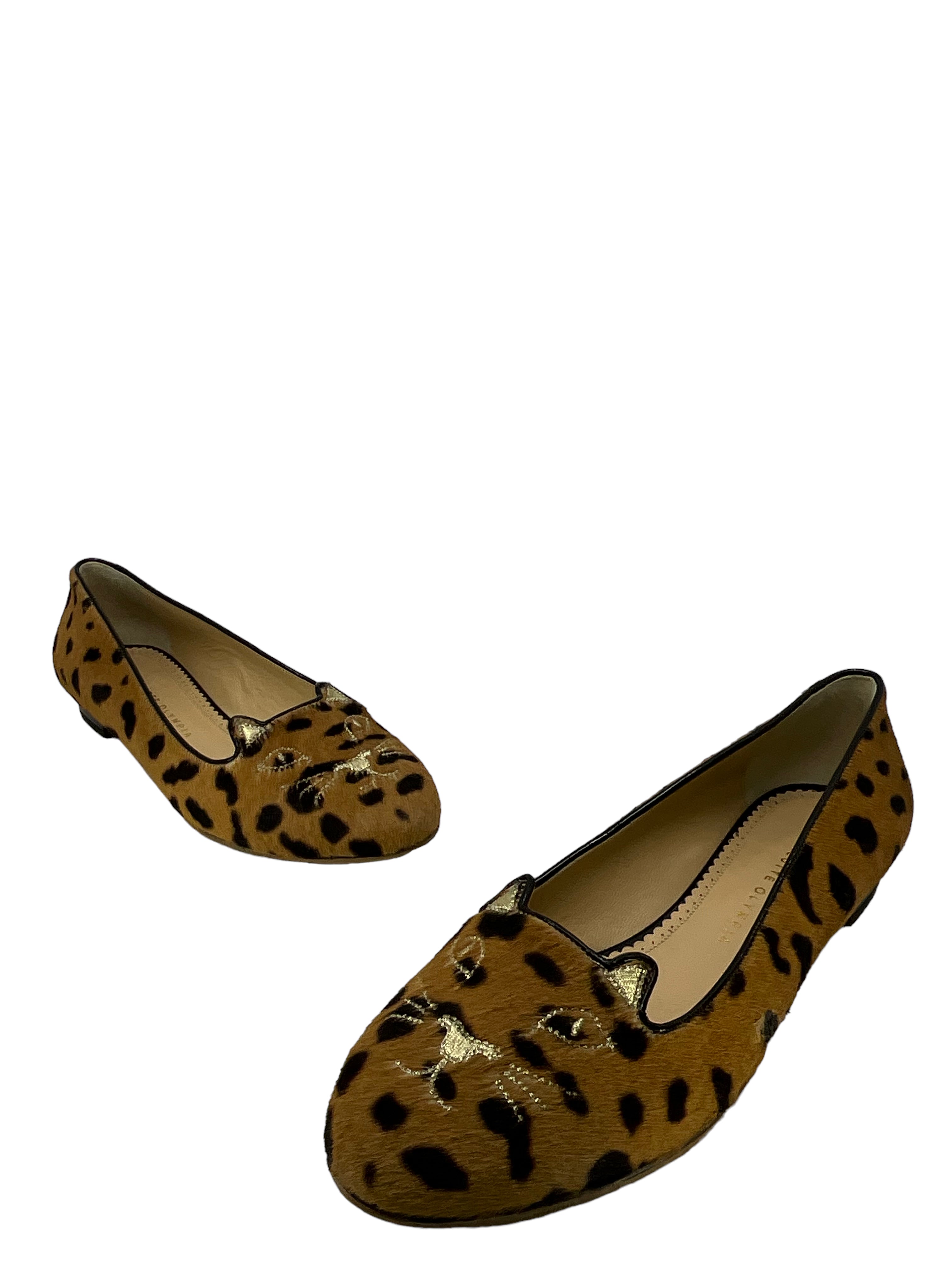 Charlotte Olympia Leopard Print Calf Hair Kitty Cat Flats - Size 11.