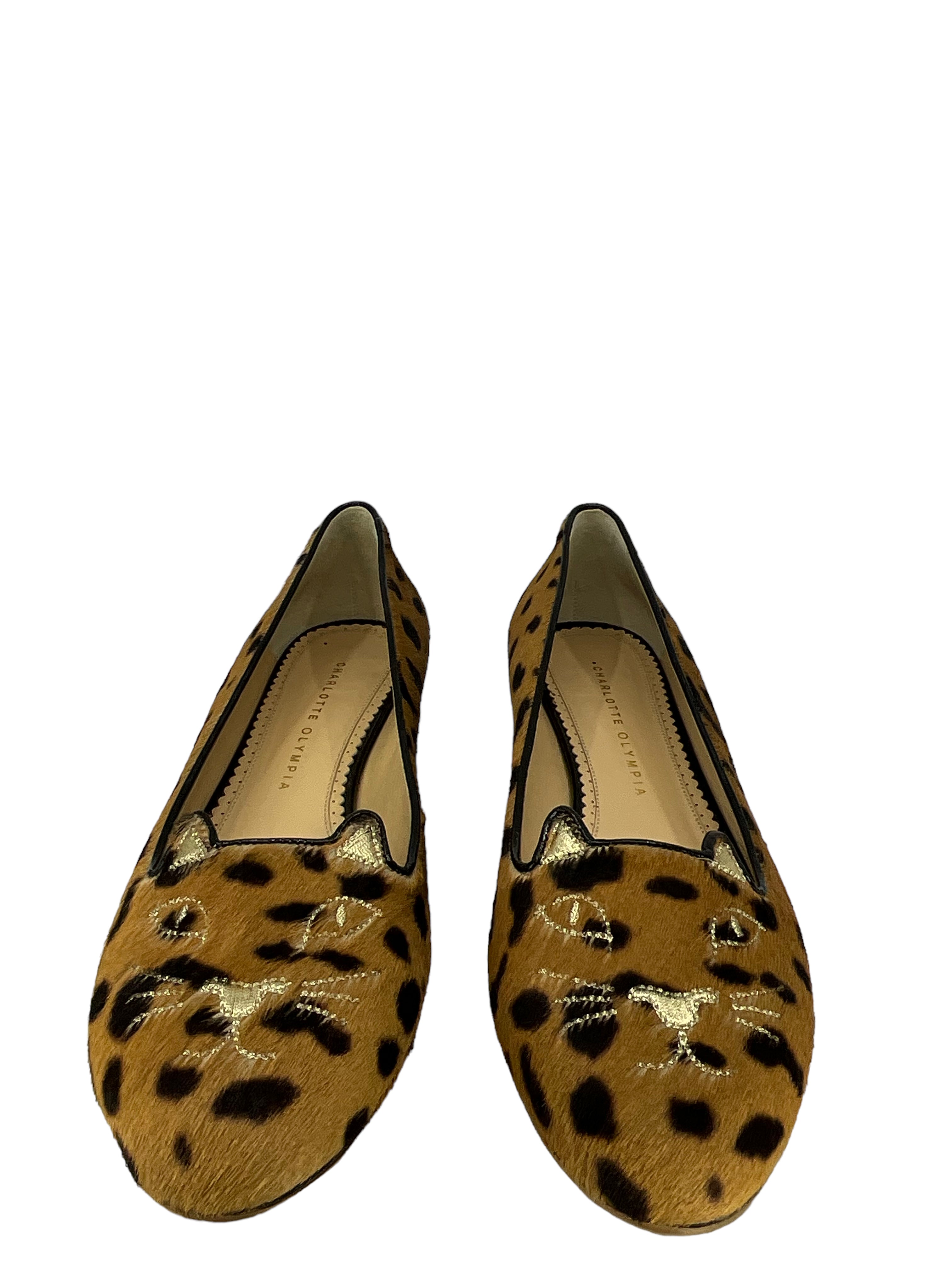 Charlotte Olympia Leopard Print Calf Hair Kitty Cat Flats - Size 11.