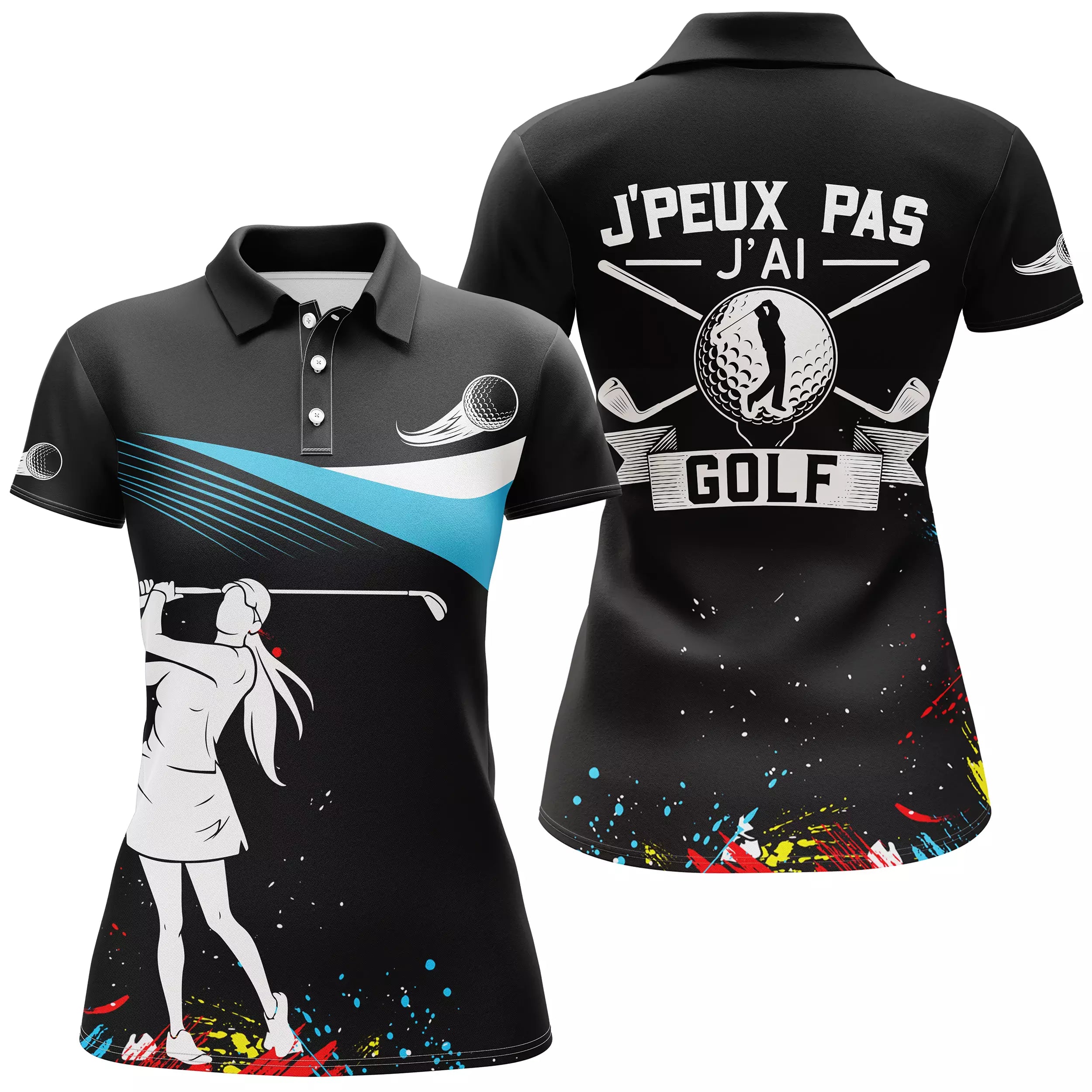 Chiptshirts Golf Polo for Men and Women, Long Sleeve Sport Polo, Black and Sky Blue, Golf Ball Pattern, Golfer