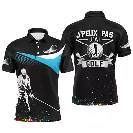 Chiptshirts Golf Polo for Men and Women, Long Sleeve Sport Polo, Black and Sky Blue, Golf Ball Pattern, Golfer