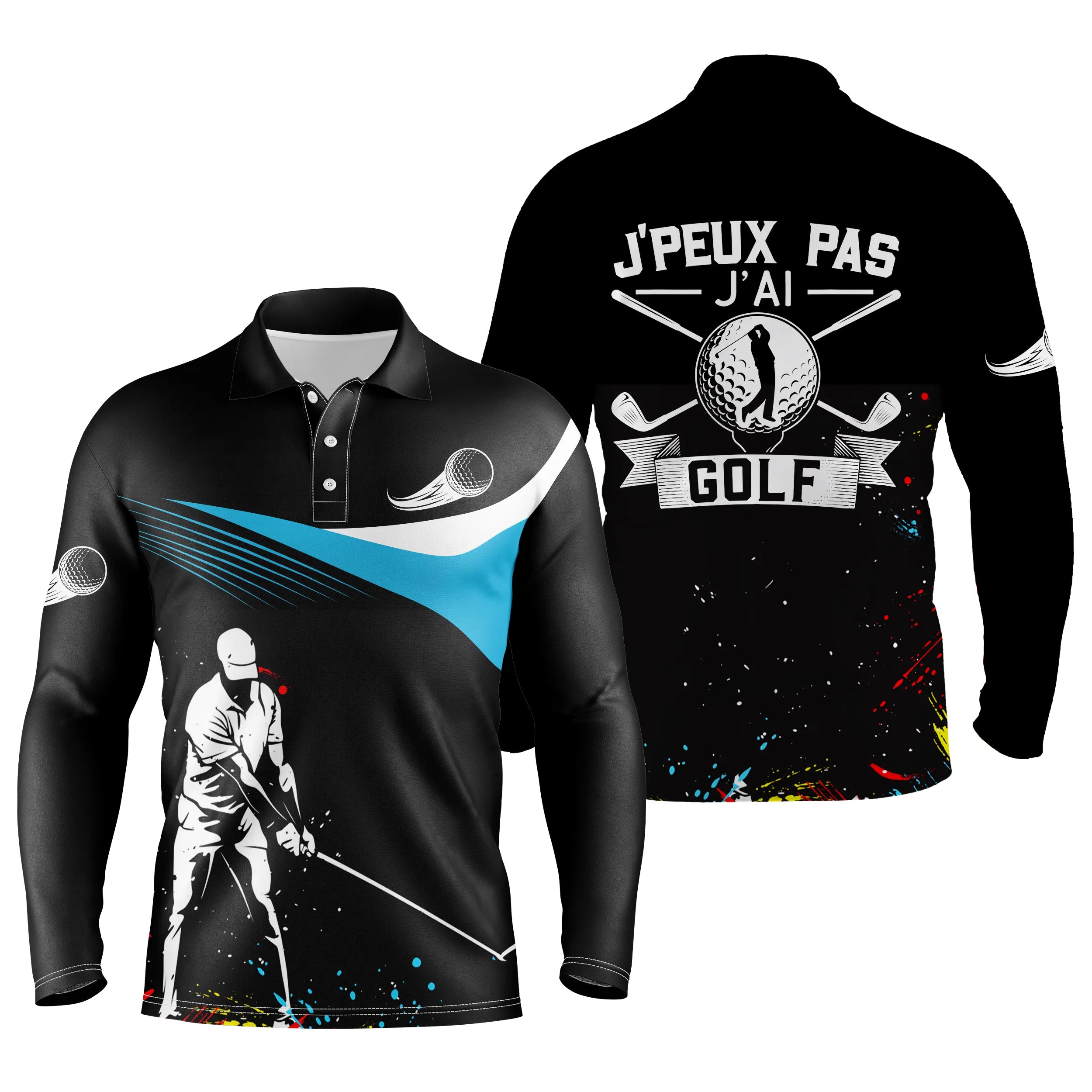 Chiptshirts Golf Polo for Men and Women, Long Sleeve Sport Polo, Black and Sky Blue, Golf Ball Pattern, Golfer