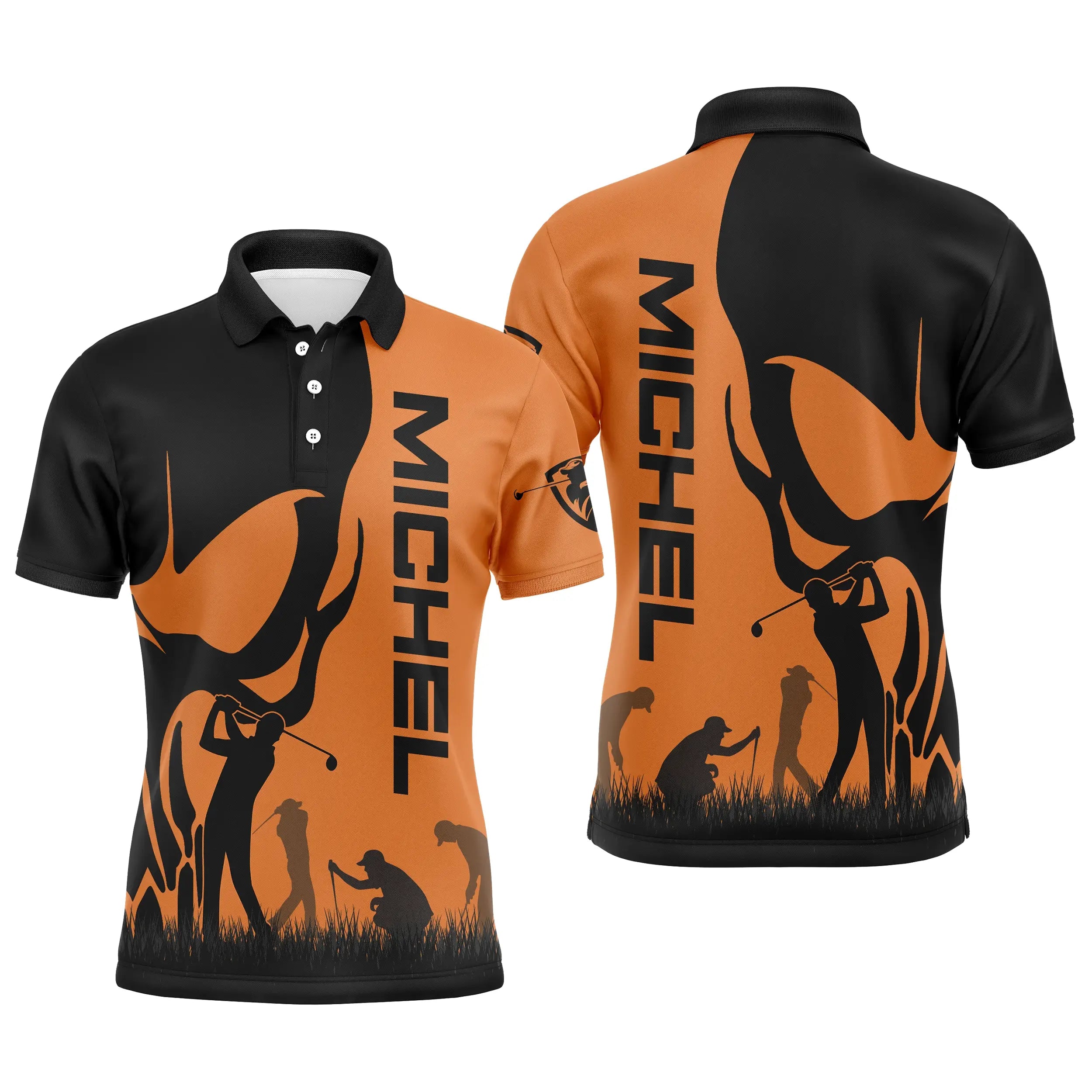 Chiptshirts - Golf Polo Shirt, Black and Orange, Personalized Gift for Golf Fans, Quick-Drying Polo for Men and Women, Golf Head