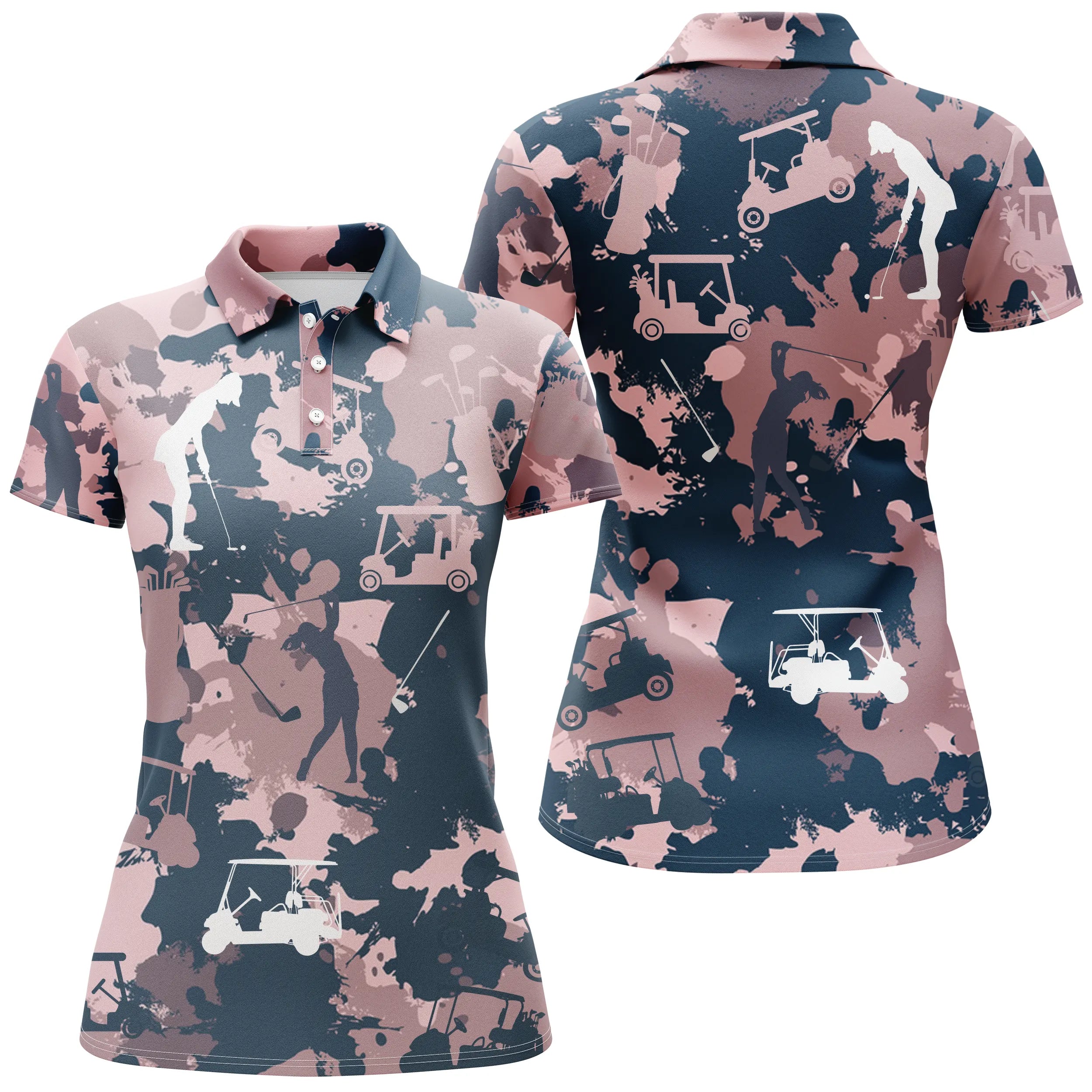 Chiptshirts - Polo De Golf, Cadeau Original Pour Fans De Golf, Polo Sport Femme, Camouflage Golfeuse, Rose et Bleu Marine - C