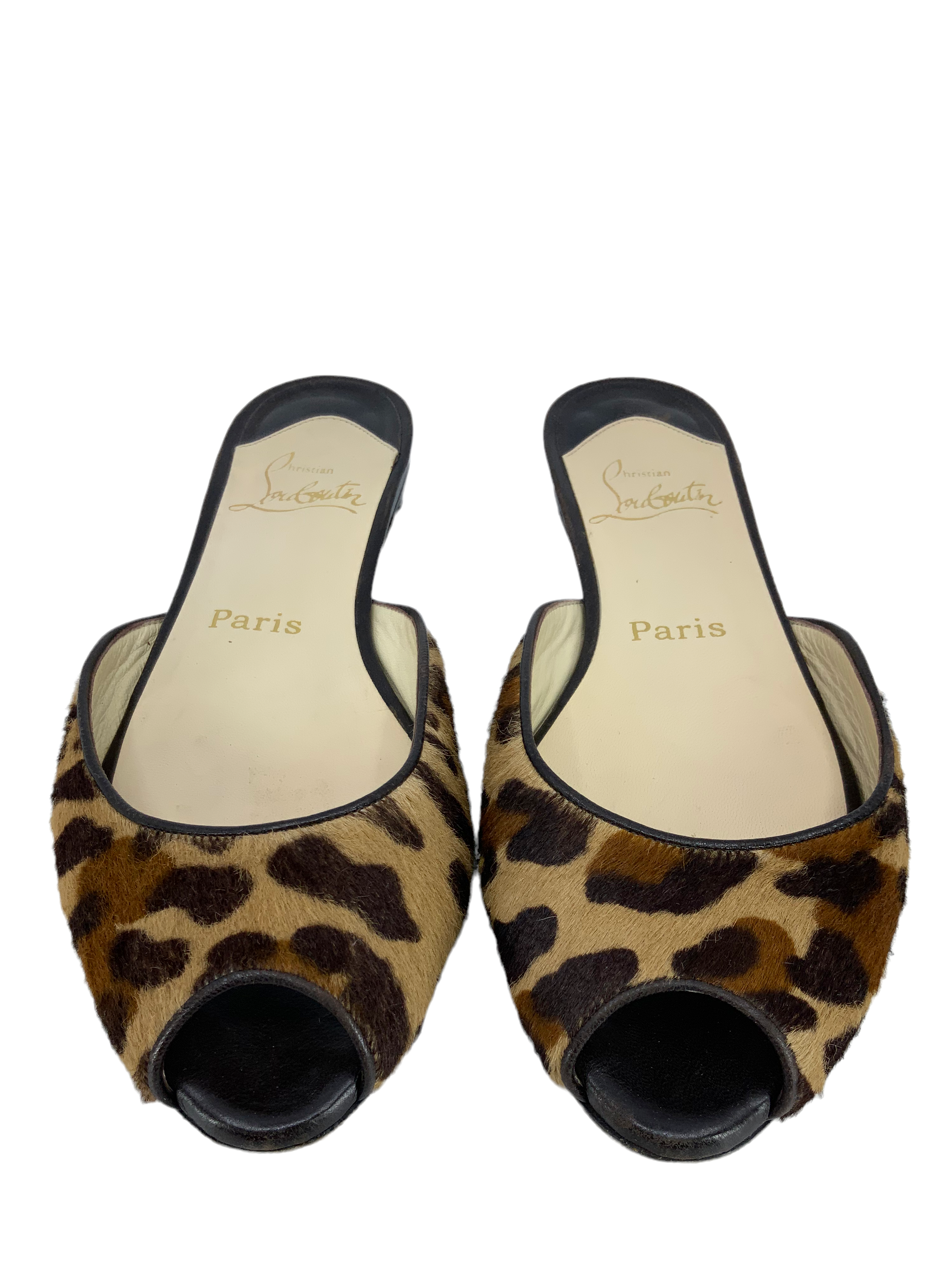 Christian Louboutin Leopard Pony Hair Peep Toe Flats - Size 7.5.