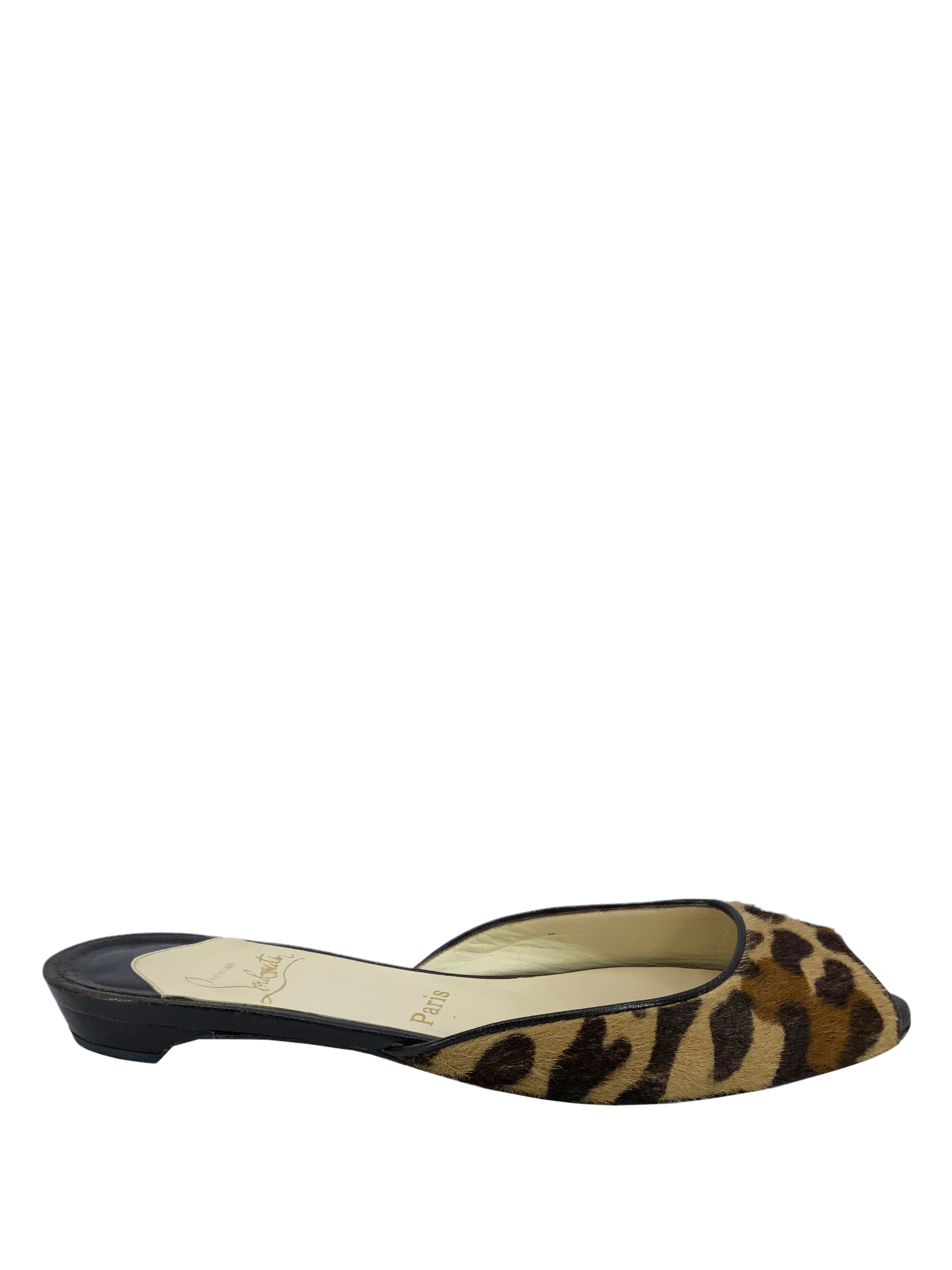 Christian Louboutin Leopard Pony Hair Peep Toe Flats - Size 7.5.