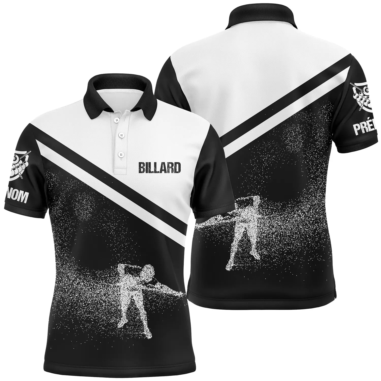 Custom Billiard Polo Shirt with Unique Black and White Billiard Player Design - CT03072312.