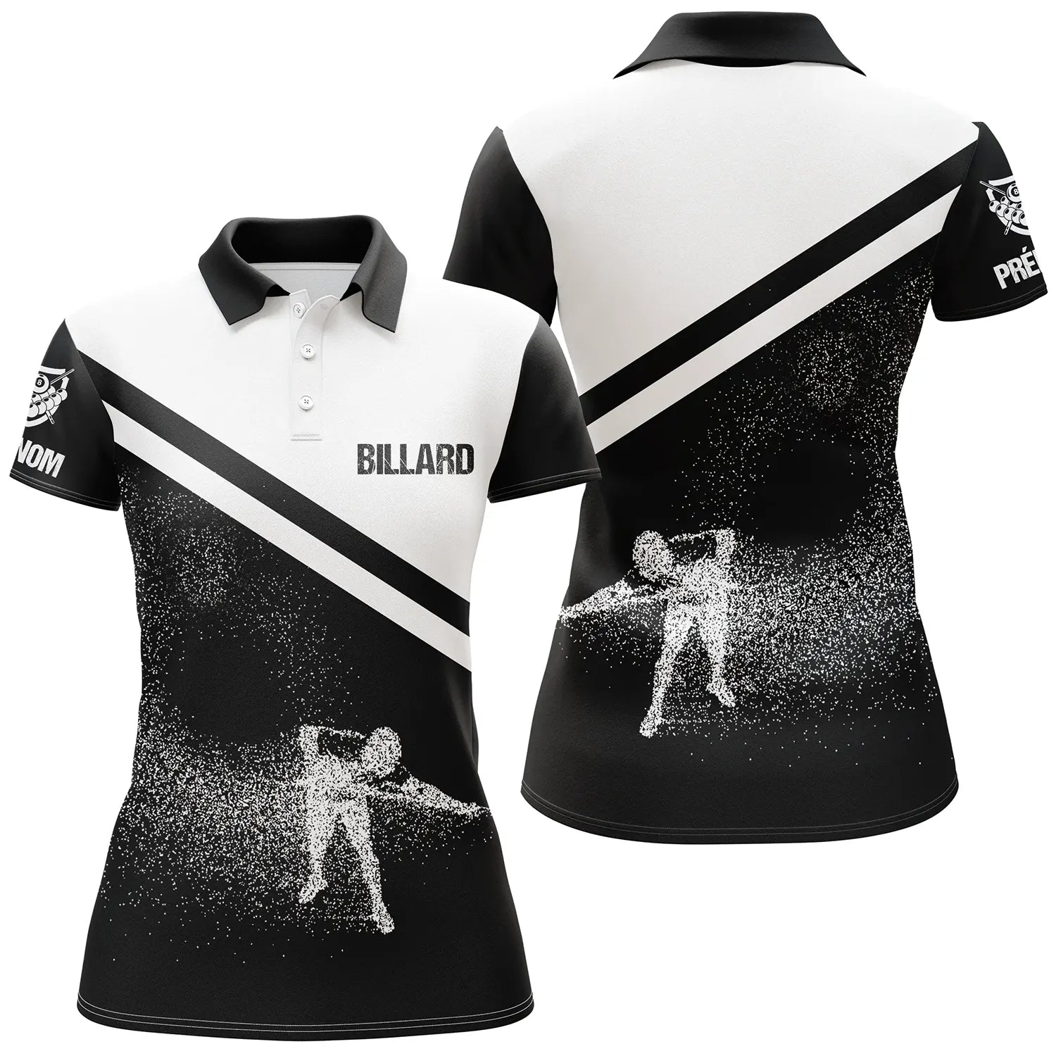 Custom Billiard Polo Shirt with Unique Black and White Billiard Player Design - CT03072312.