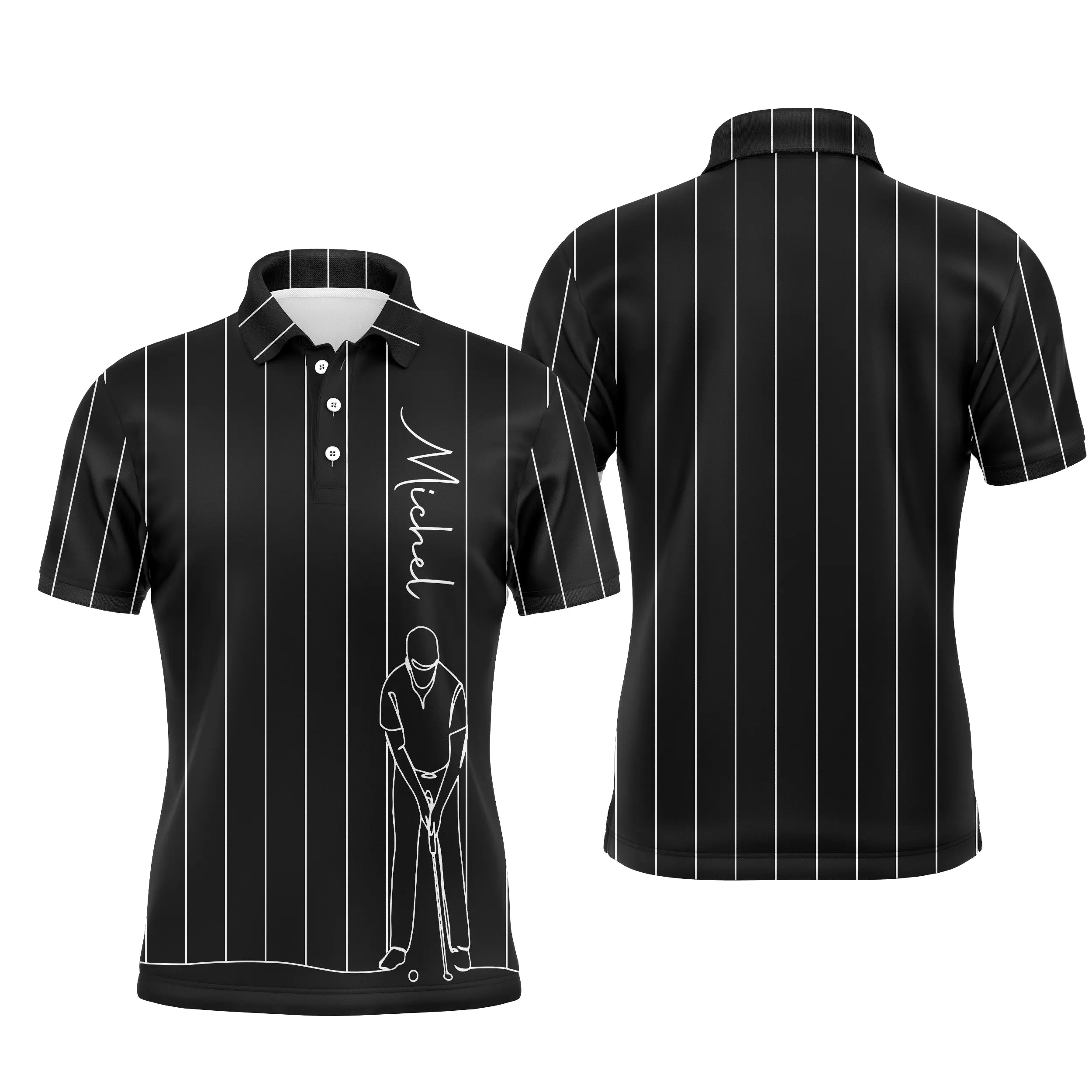 Custom Golf Polo, Golf Player Design, Unique Gift for Golf Fans, Black, White, Navy Blue.