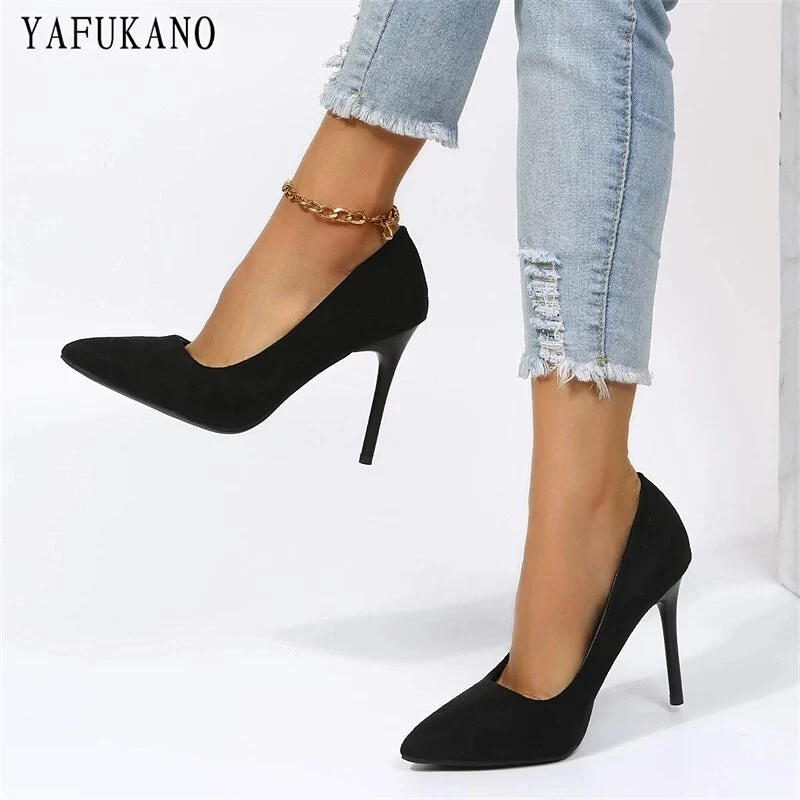 Fashion Pointed Toe Flock Stiletto Heels - Elegant Office Work Shoes