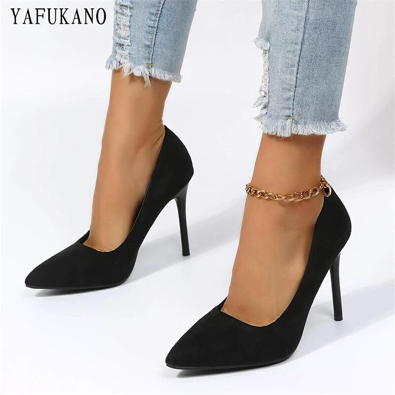 Fashion Pointed Toe Flock Stiletto Heels - Elegant Office Work Shoes