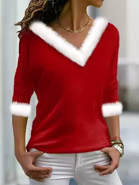 Festive Christmas Color Block Women's Long Sleeve Tee