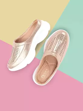 Golden Laser Cut Slip On Mules for Women