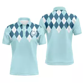 Golf Polo Shirt for Men and Women, Golf Player, Checkered Print in Light Blue