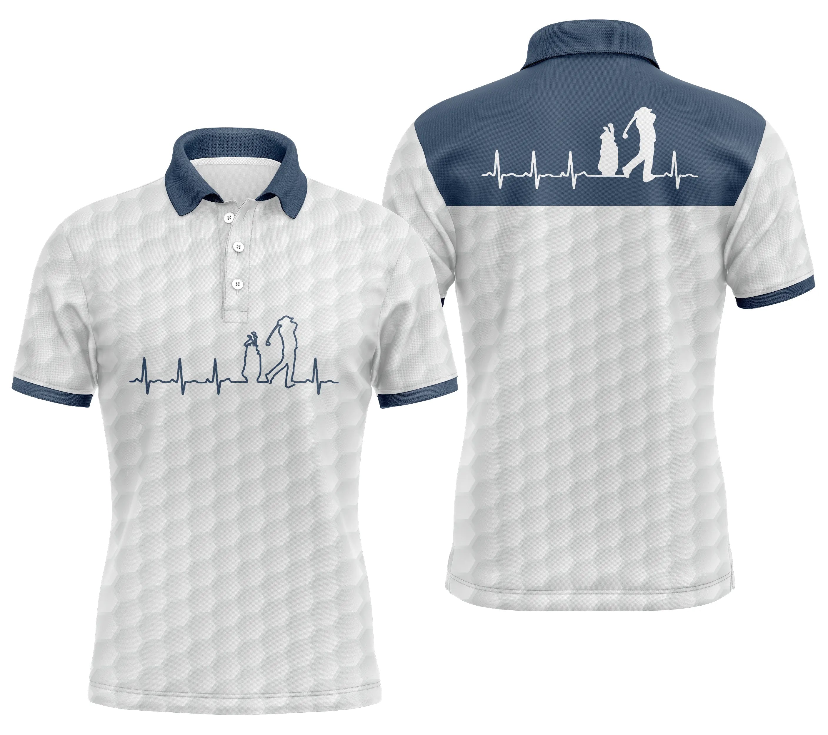 Golfer Heartbeat, White and Navy Blue Golf Polo, Sports Polo, Original Gift for Golf Fans - CTS18052218