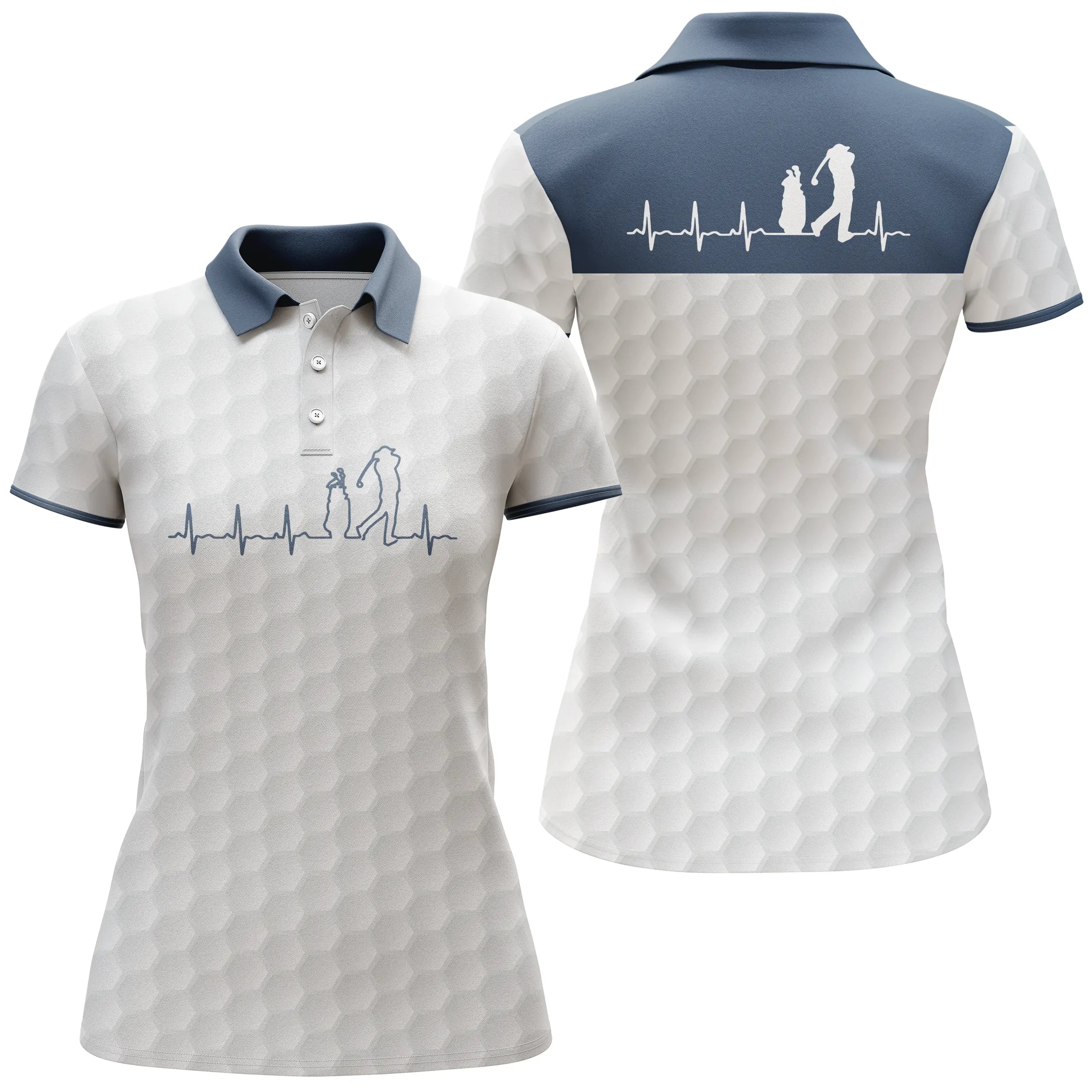 Golfer Heartbeat, White and Navy Blue Golf Polo, Sports Polo, Original Gift for Golf Fans - CTS18052218